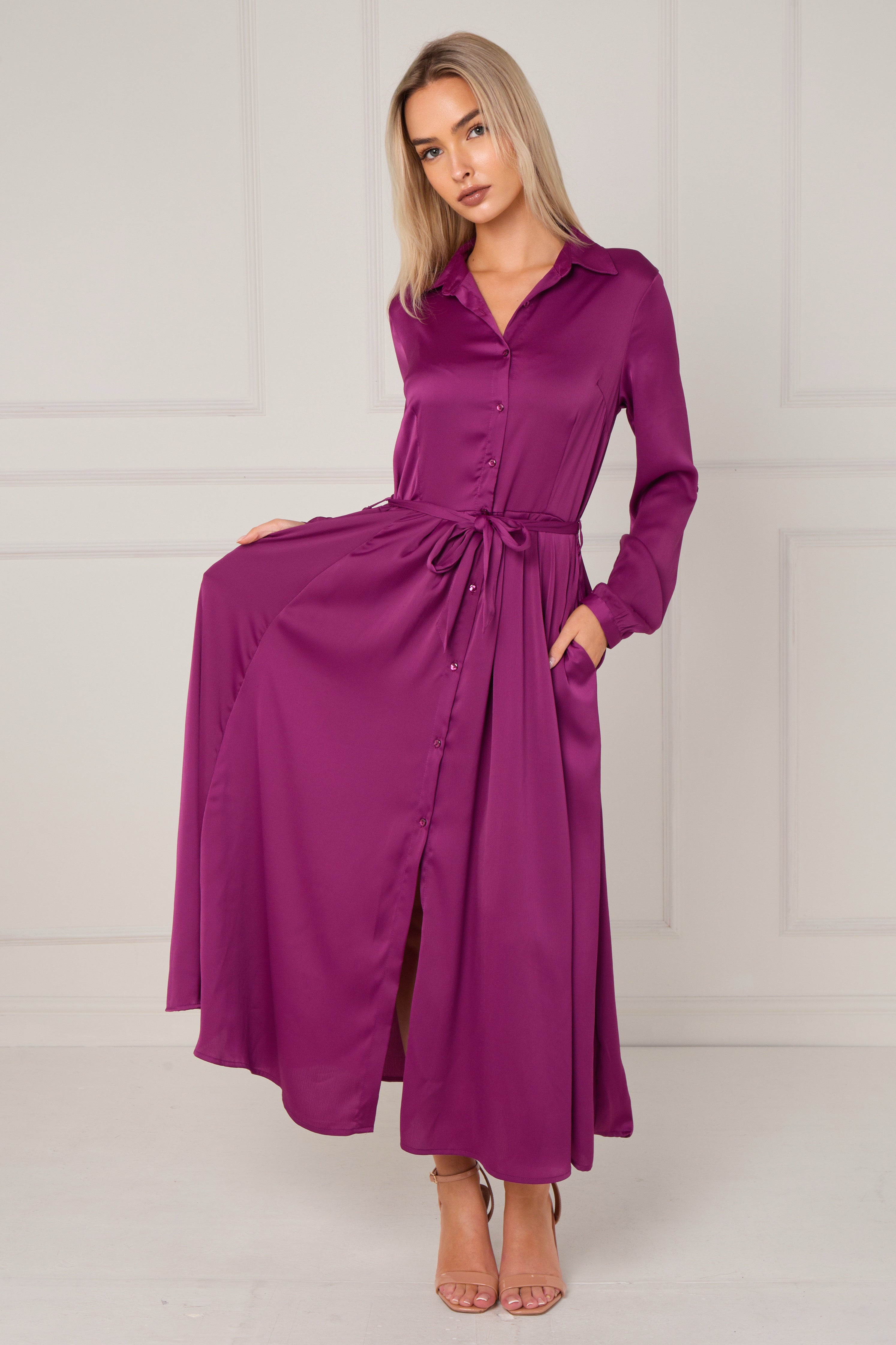 8Pcs Magenta Layered Satin Long Sleeve Maxi Shirt Dress