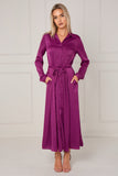 8Pcs Magenta Layered Satin Long Sleeve Maxi Shirt Dress