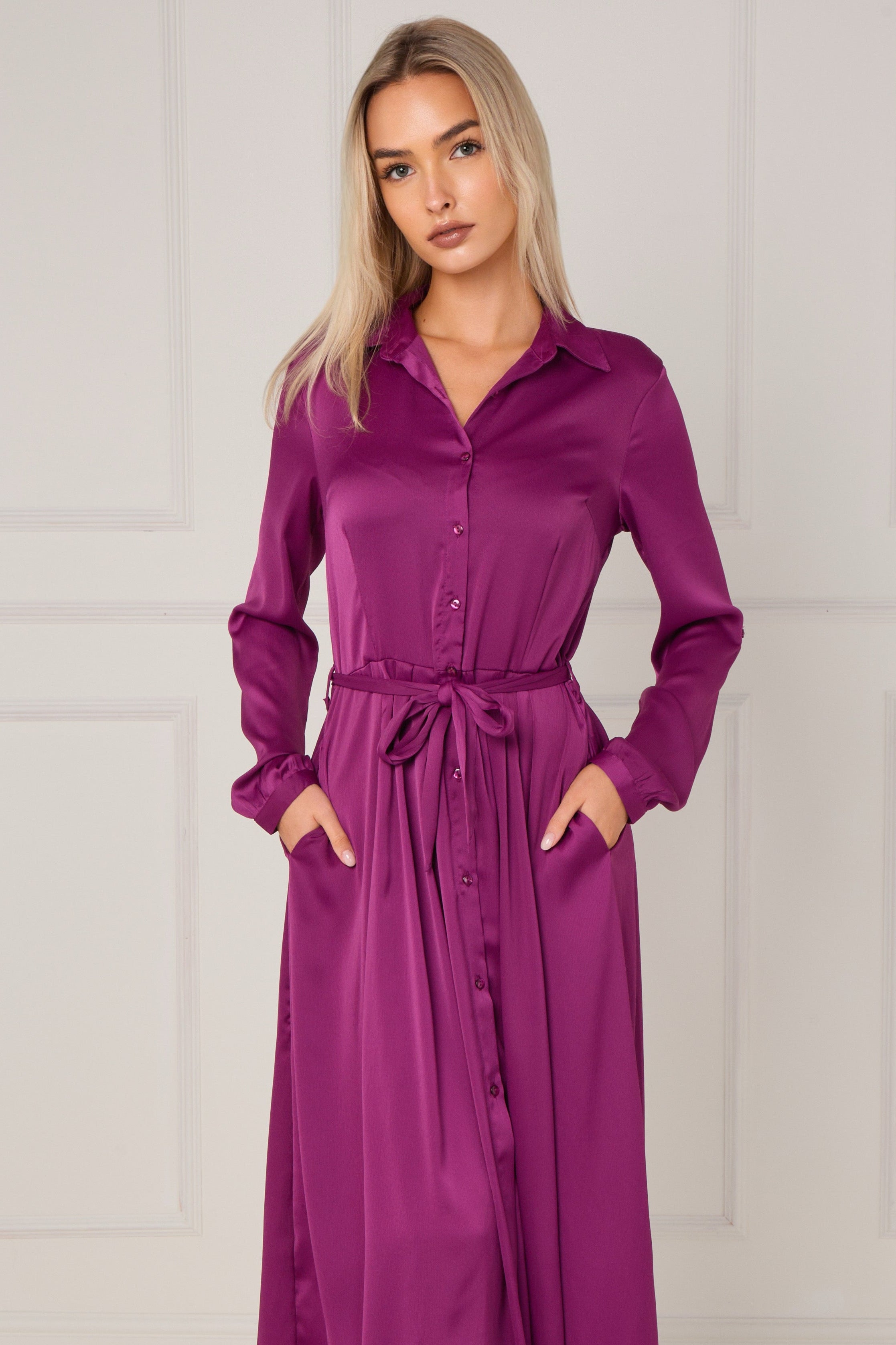 8Pcs Magenta Layered Satin Long Sleeve Maxi Shirt Dress