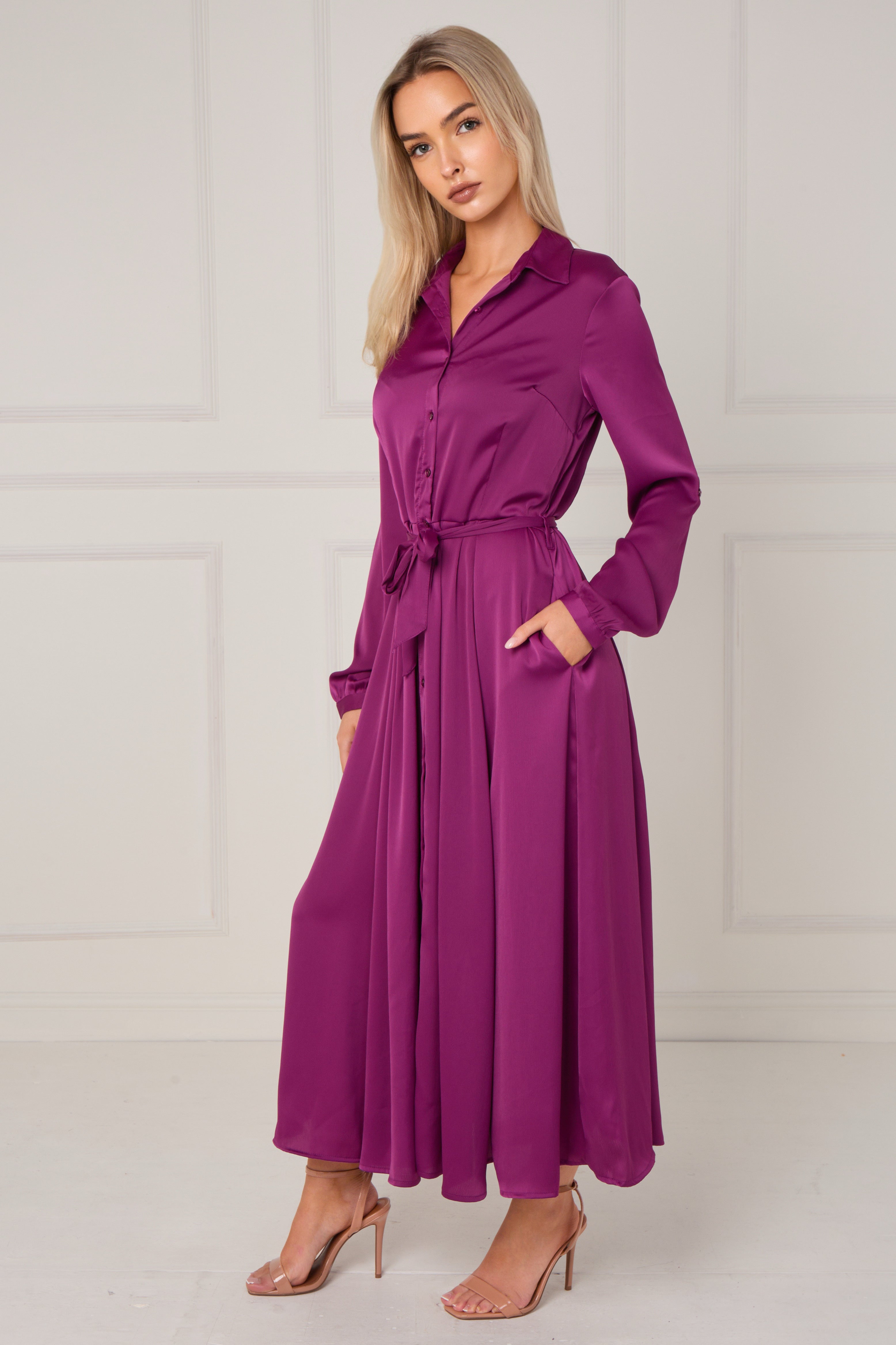 8Pcs Magenta Layered Satin Long Sleeve Maxi Shirt Dress