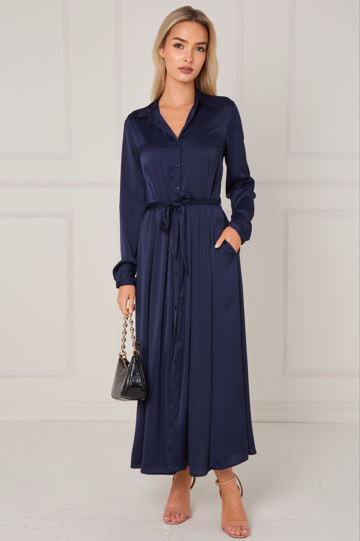 8Pcs Navy Layered Satin Long Sleeve Maxi Shirt Dress