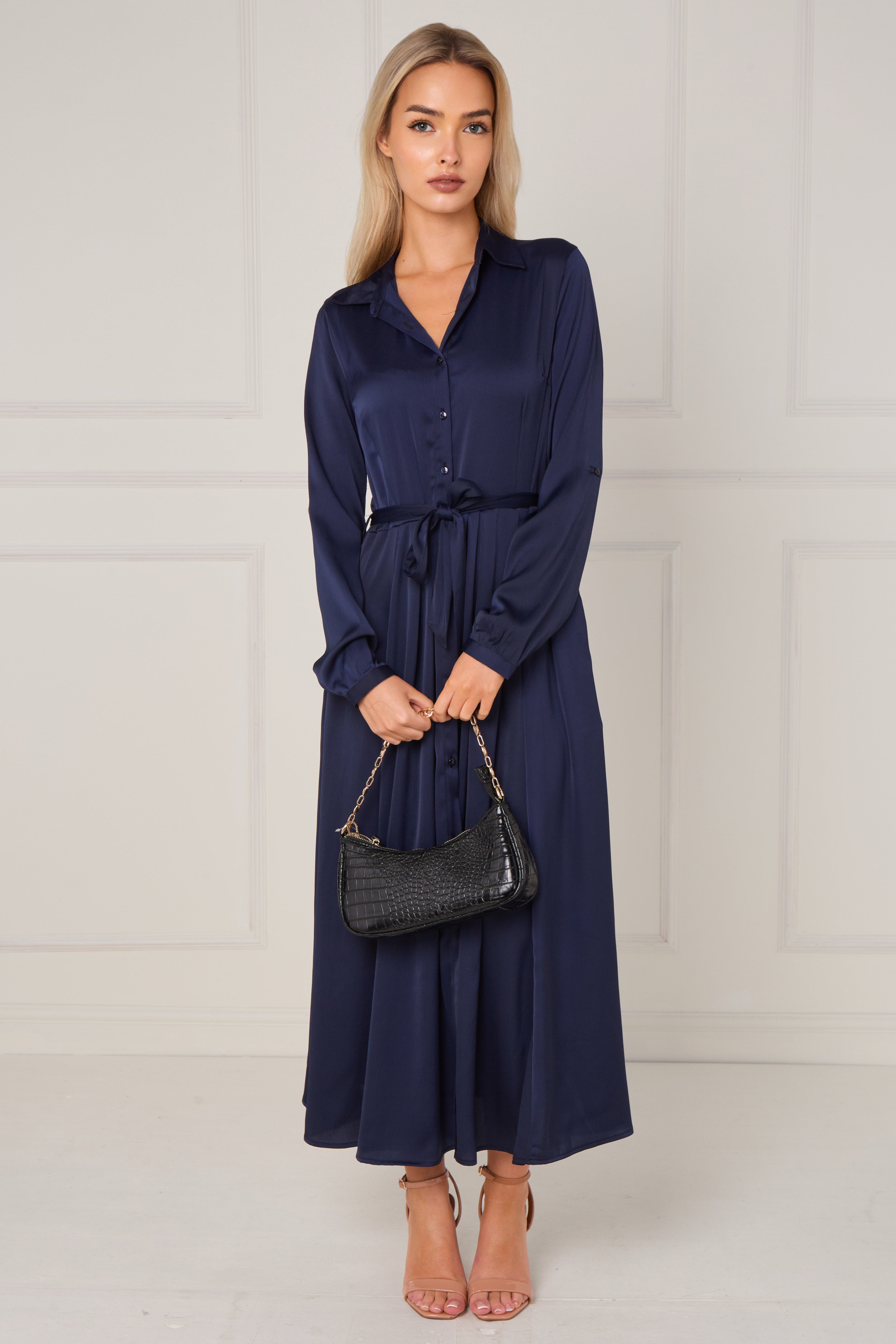 8Pcs Navy Layered Satin Long Sleeve Maxi Shirt Dress