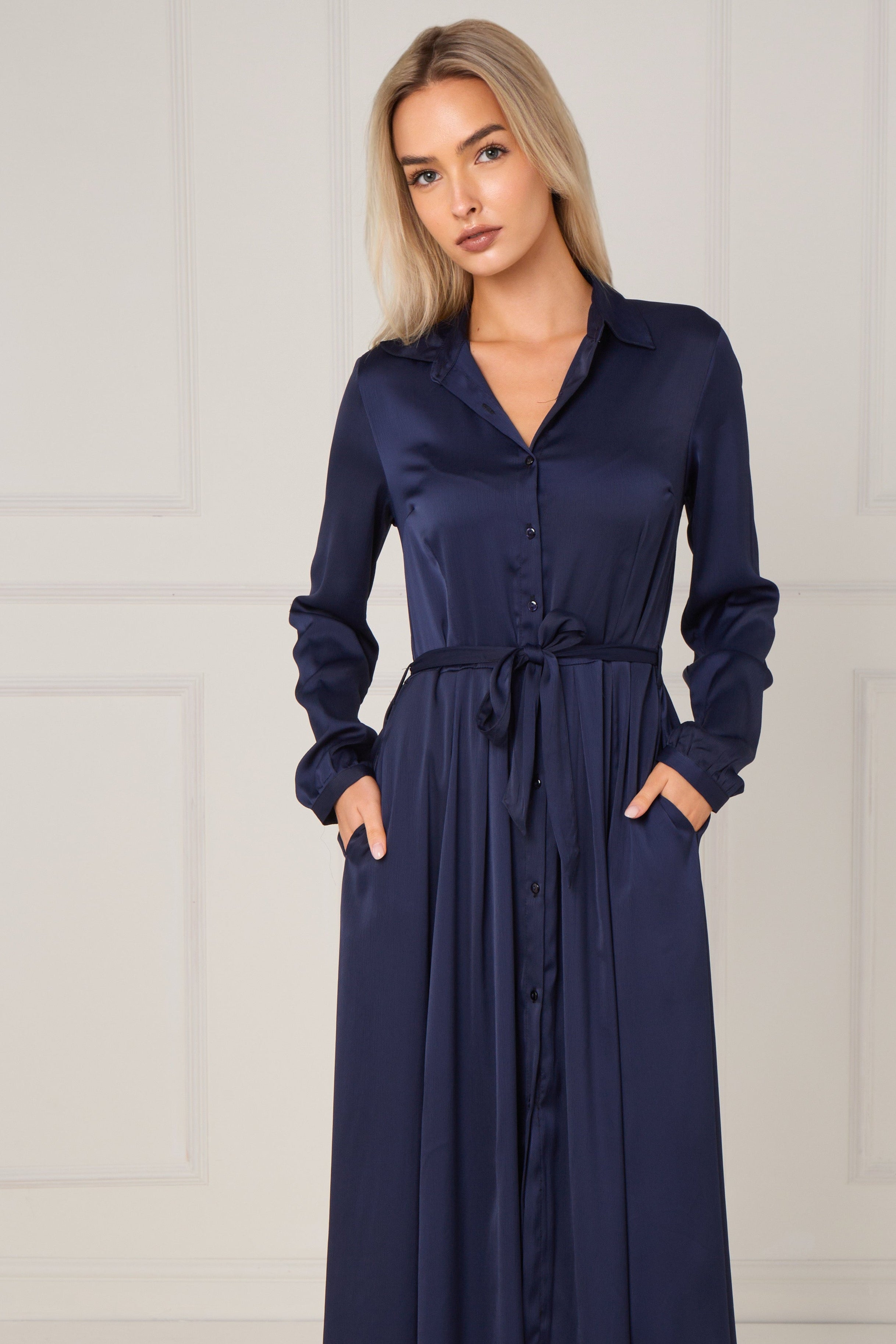 8Pcs Navy Layered Satin Long Sleeve Maxi Shirt Dress