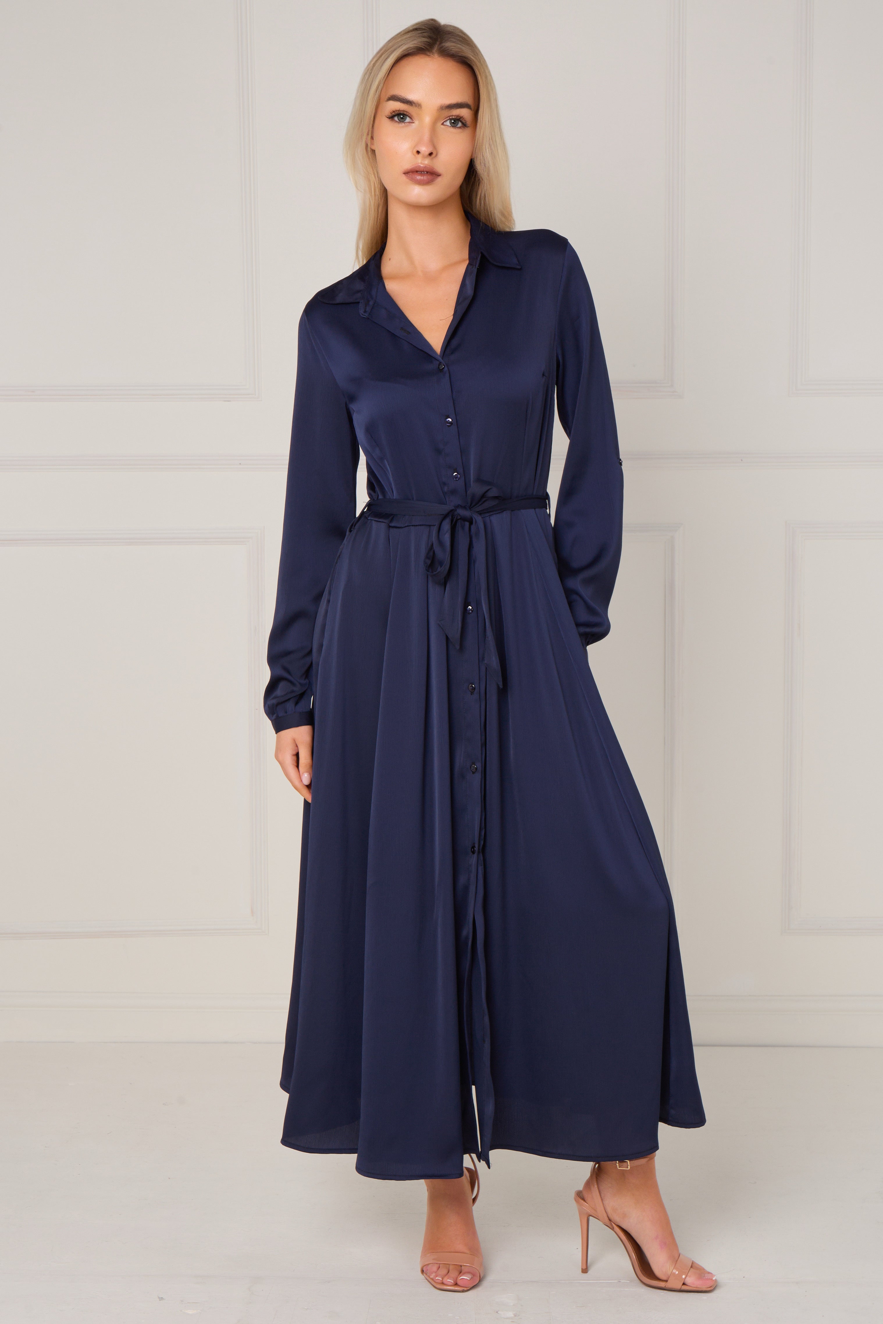 8Pcs Navy Layered Satin Long Sleeve Maxi Shirt Dress