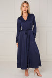 8Pcs Navy Layered Satin Long Sleeve Maxi Shirt Dress