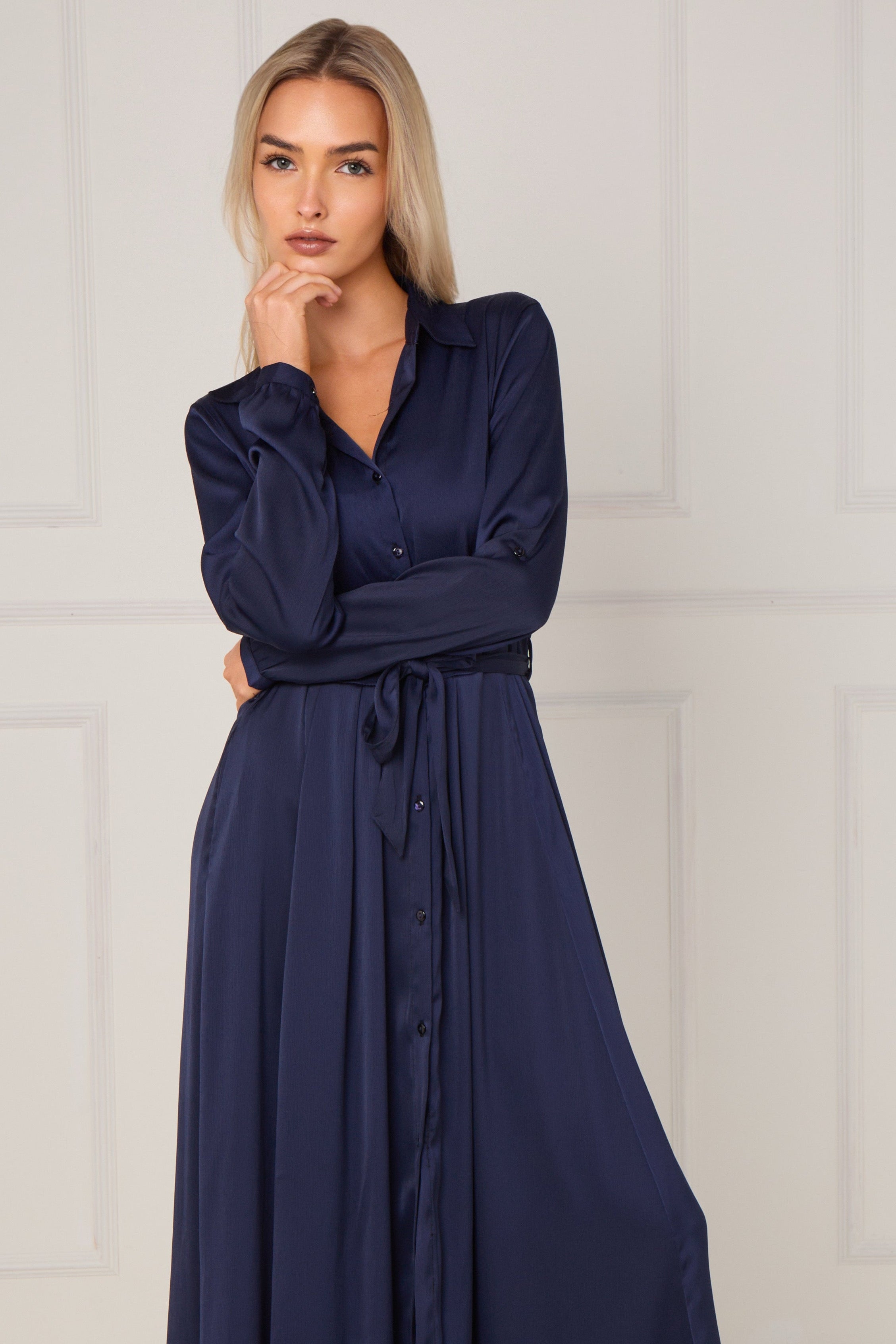 8Pcs Navy Layered Satin Long Sleeve Maxi Shirt Dress