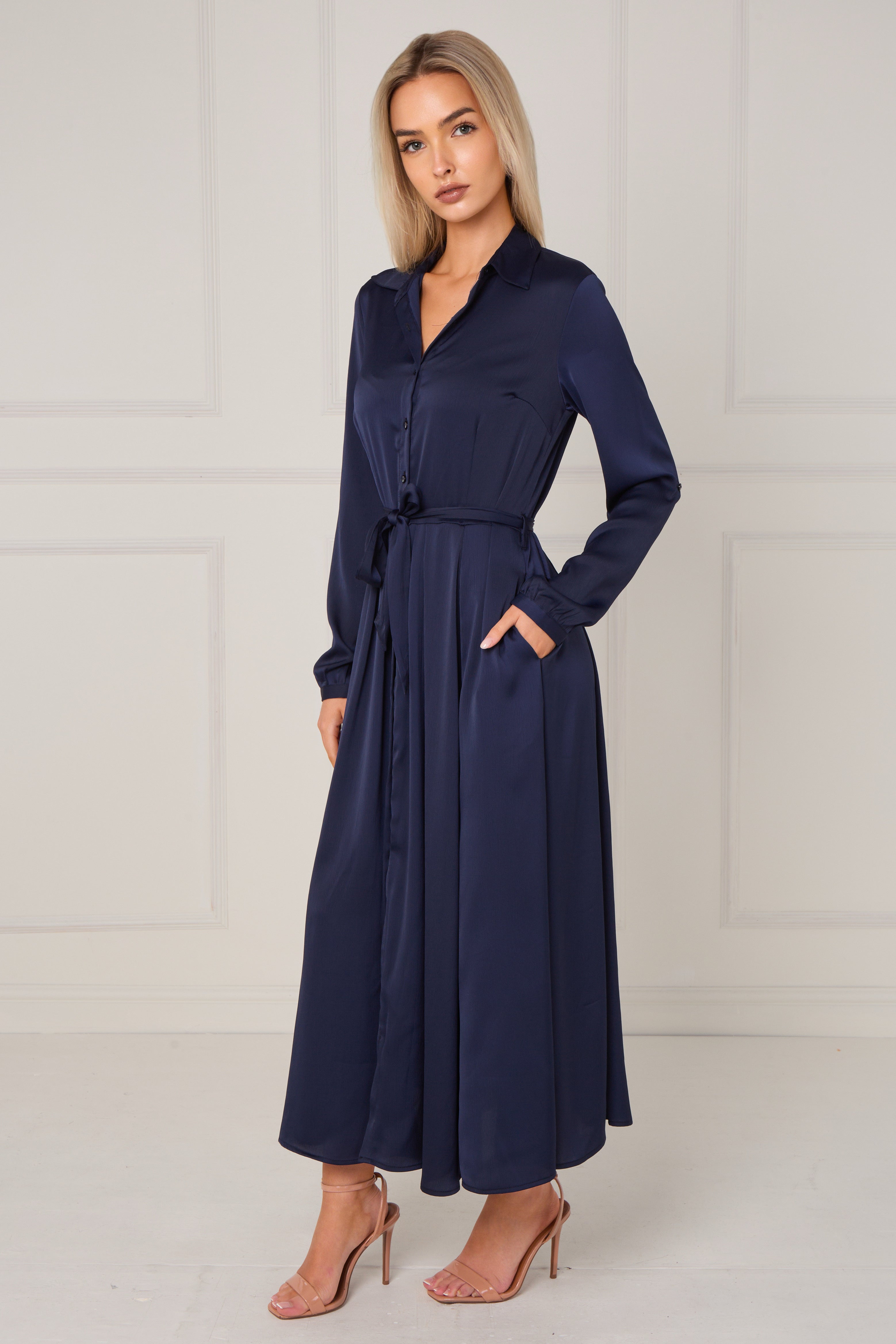 8Pcs Navy Layered Satin Long Sleeve Maxi Shirt Dress
