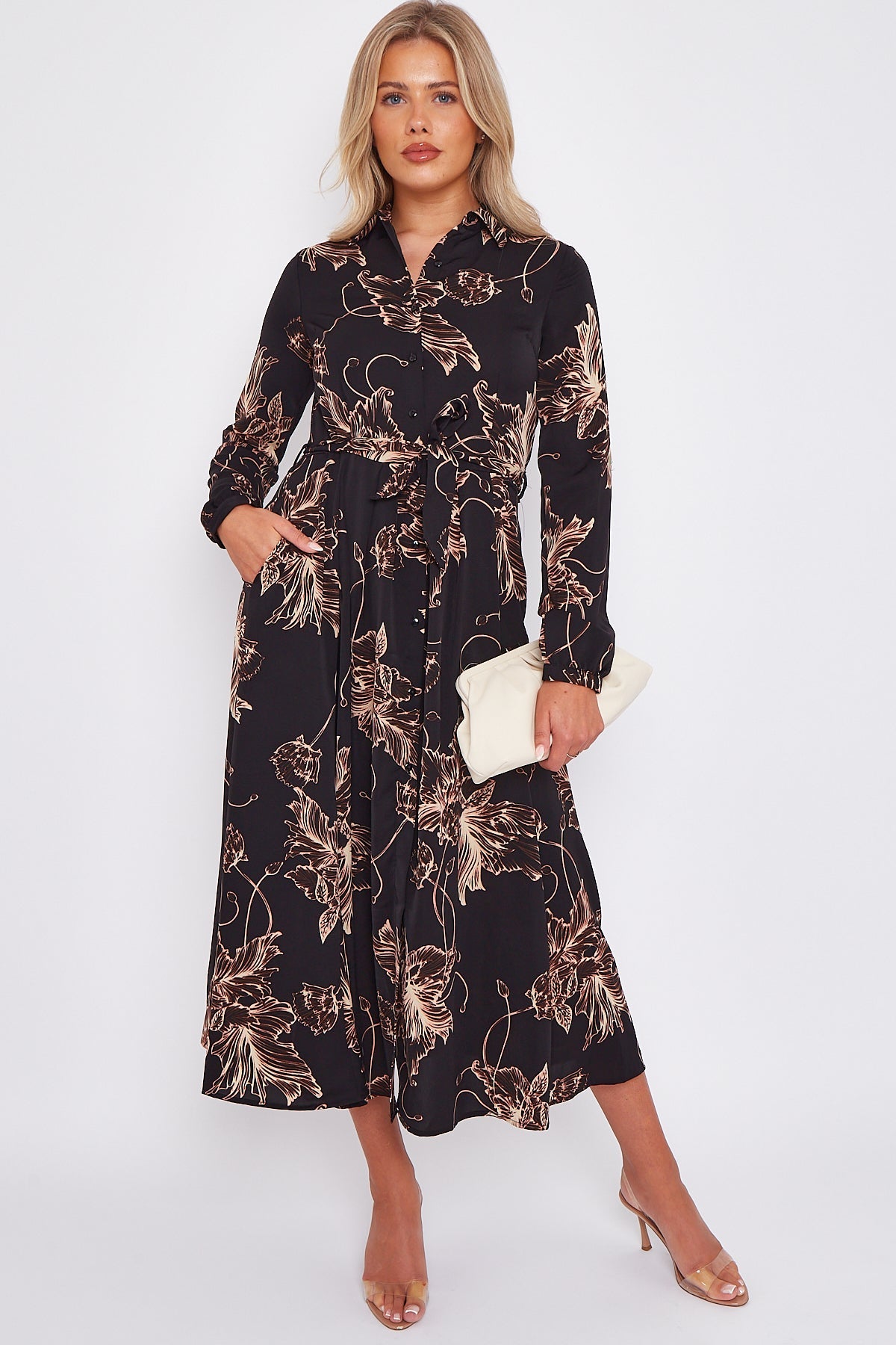 8Pcs Black Floral Print Midaxi Shirt Dress