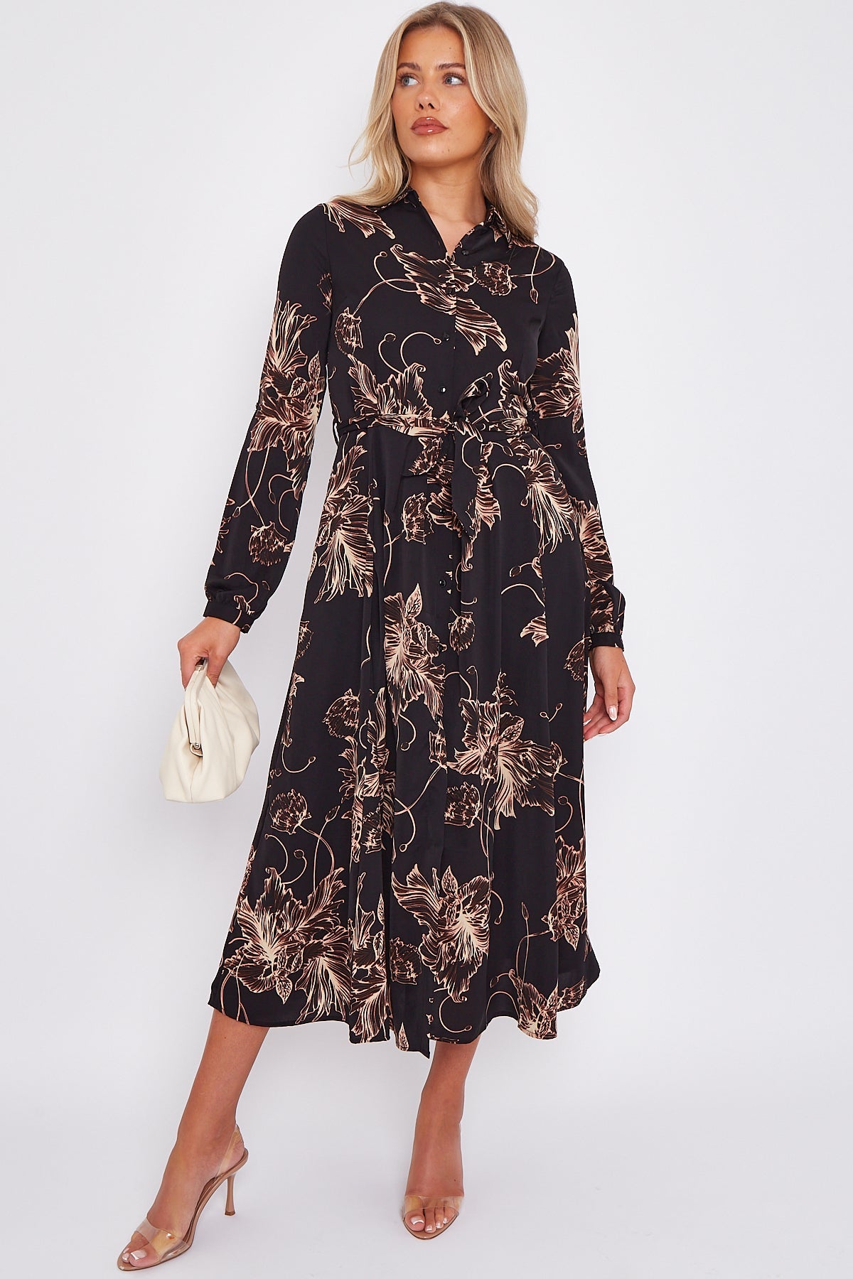 8Pcs Black Floral Print Midaxi Shirt Dress