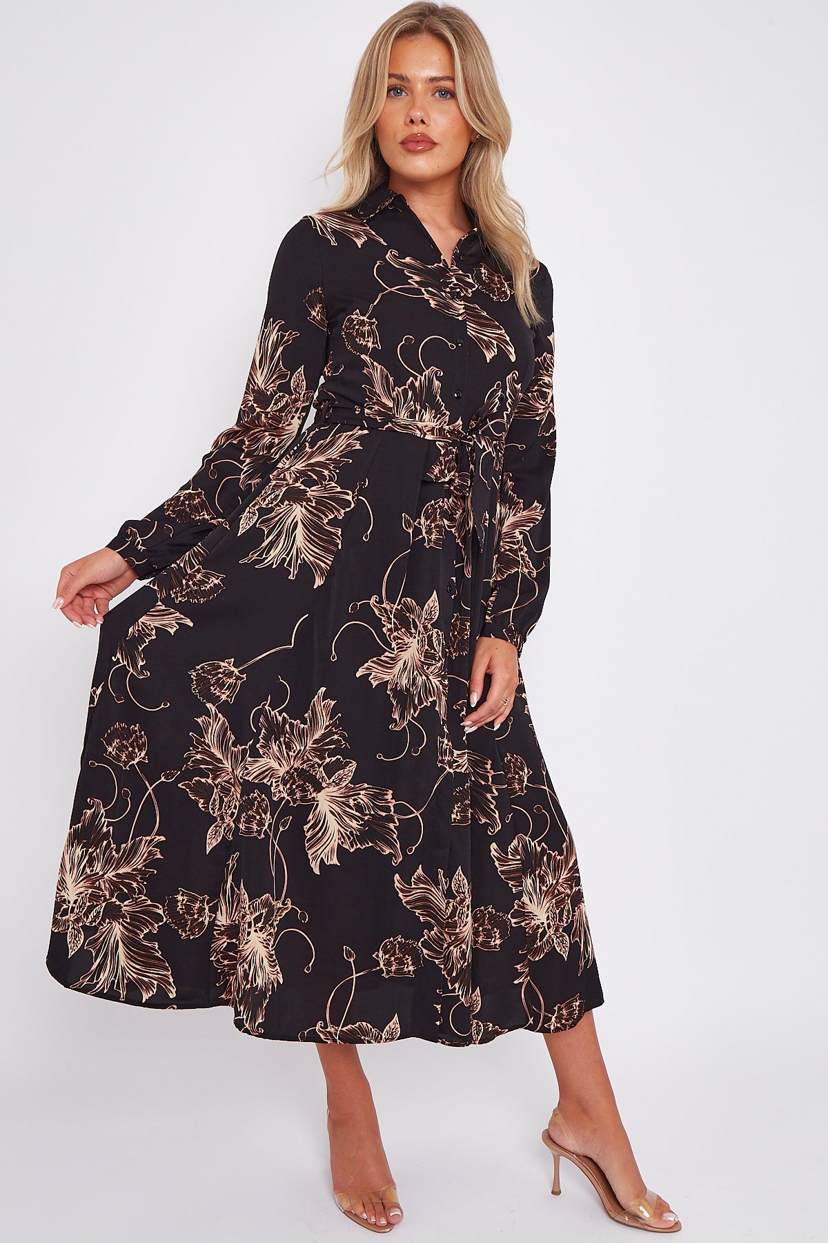 8Pcs Black Floral Print Midaxi Shirt Dress