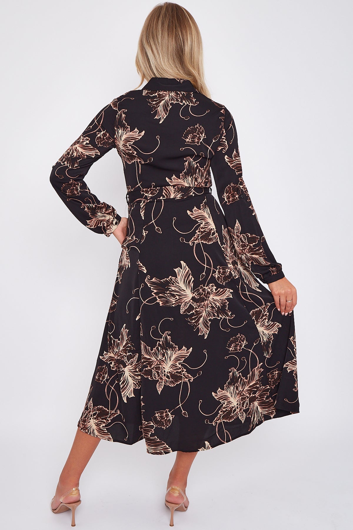 8Pcs Black Floral Print Midaxi Shirt Dress