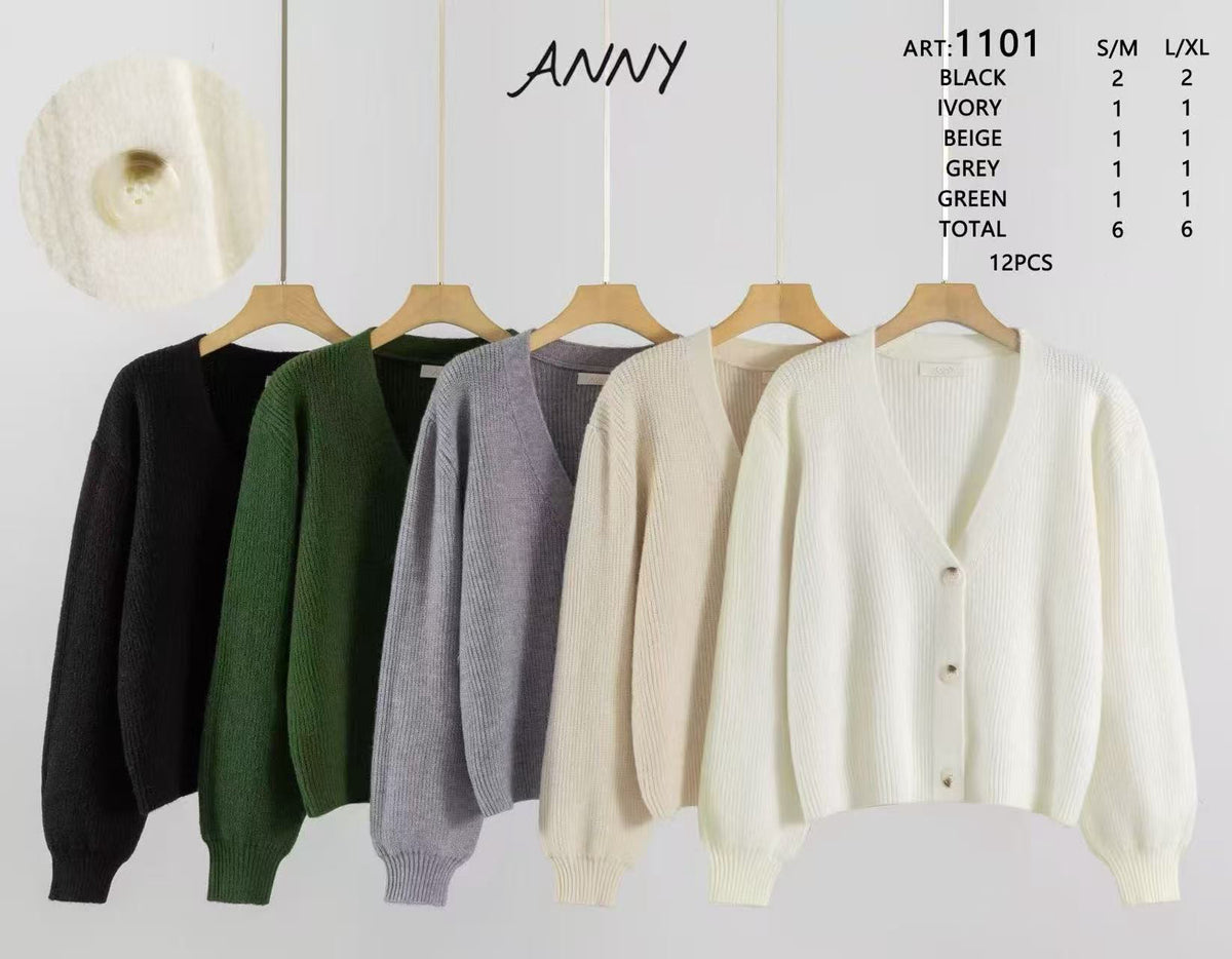 12Pcs Soft Knit V-Neck Button Cardigan-1101