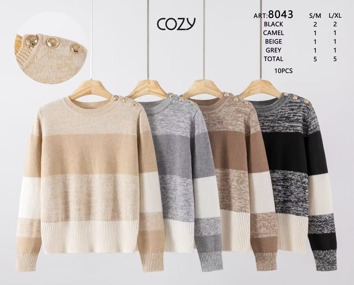 10Pcs Gold Button Shoulder Stripe Knit Sweater-8043