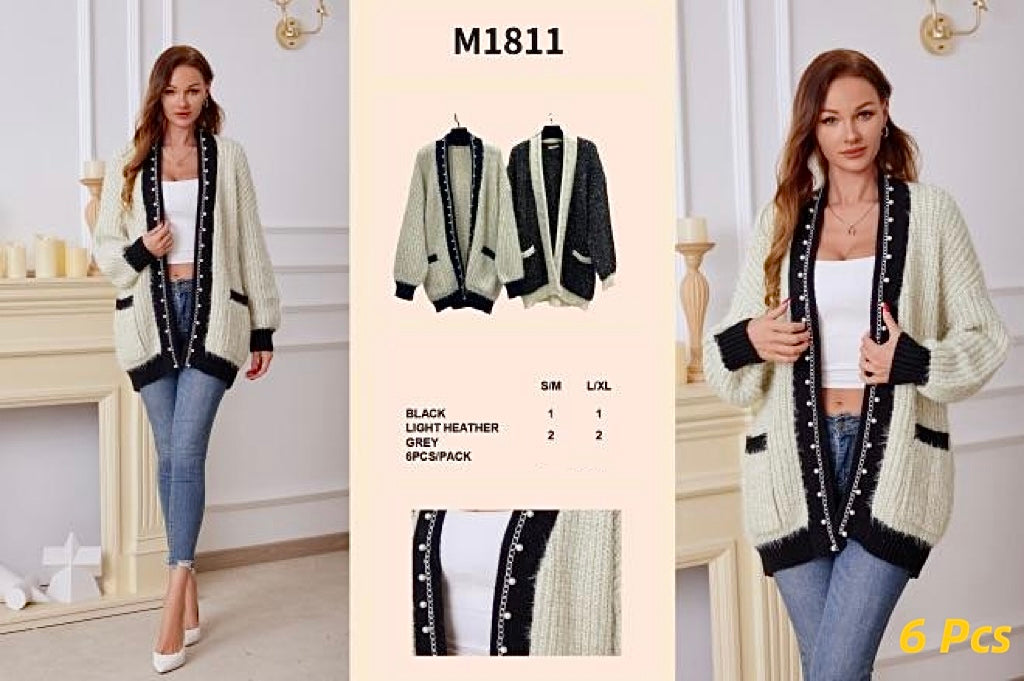 6Pcs Beaded Festive Cardigan with Pockets Mixed Colour