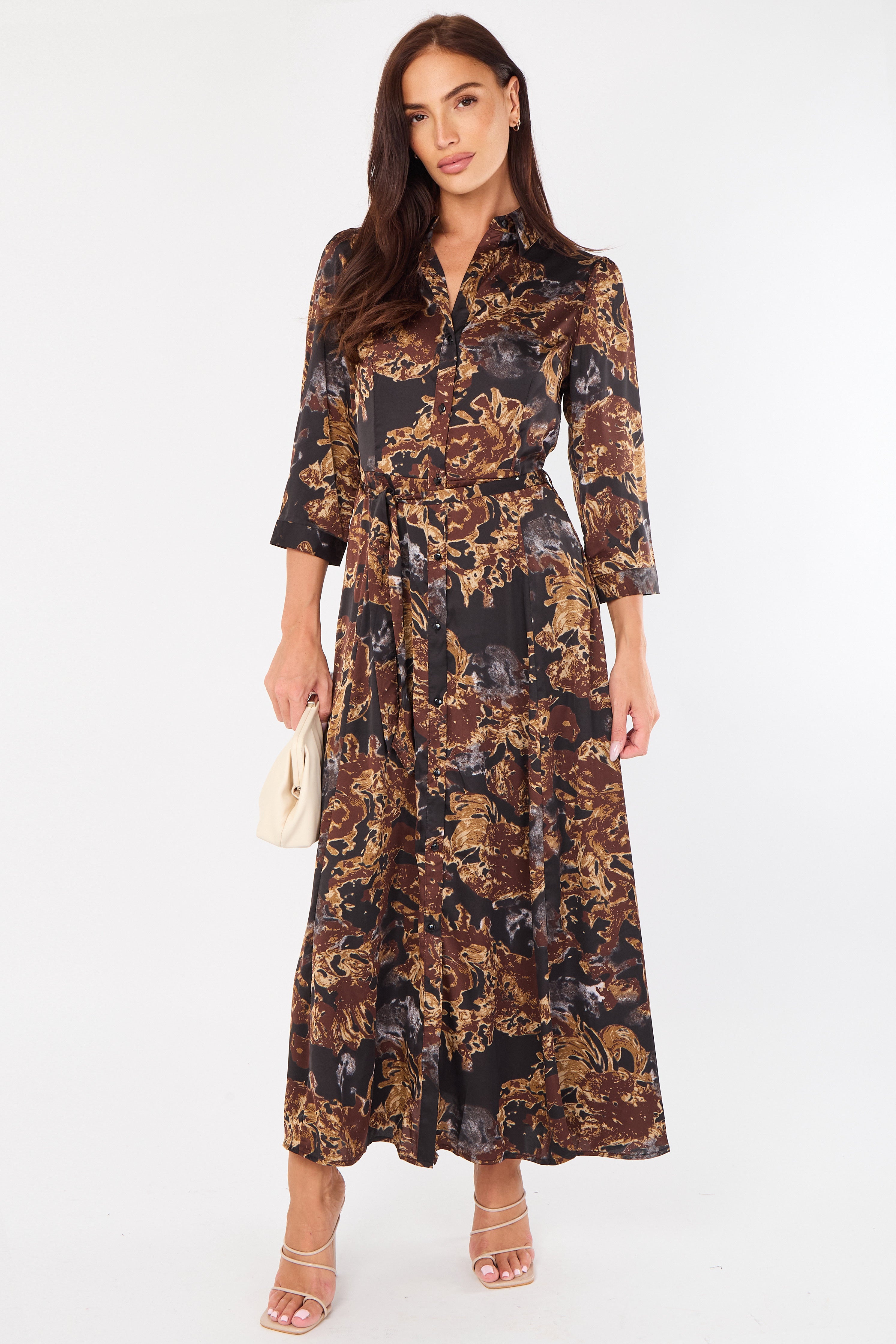 8Pcs Brown Abstract Floral Print Satin Maxi Shirt Dress