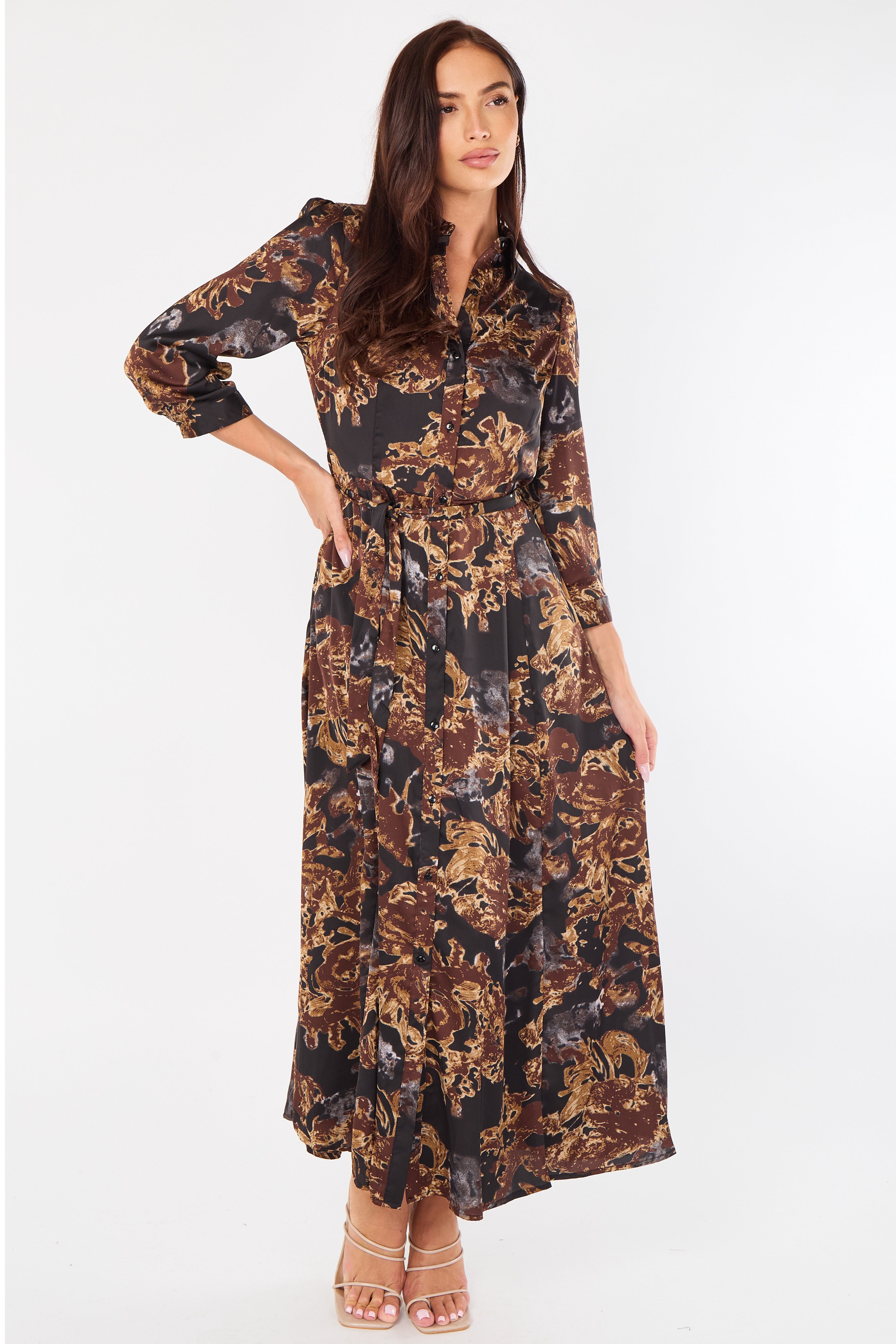 8Pcs Brown Abstract Floral Print Satin Maxi Shirt Dress