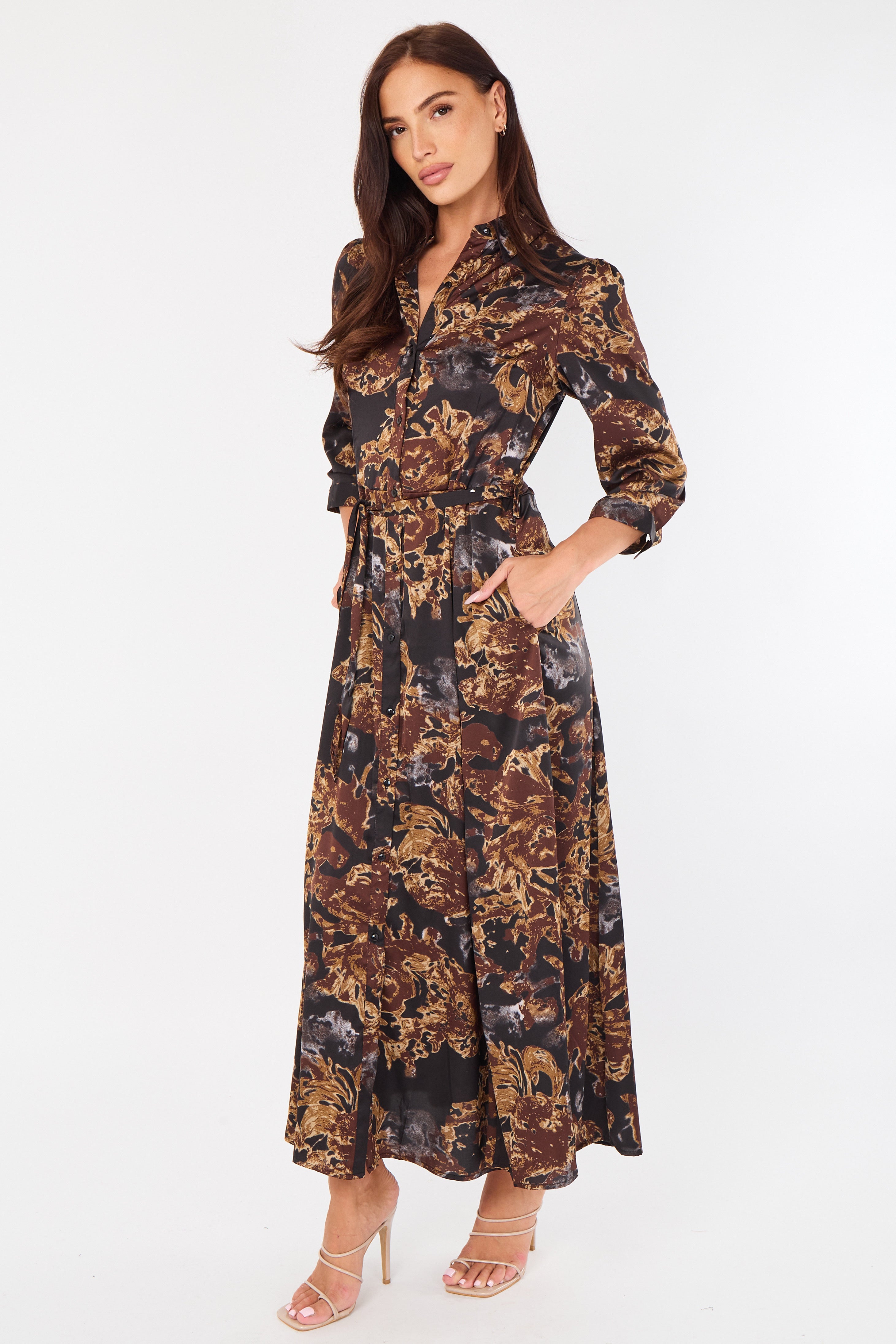 8Pcs Brown Abstract Floral Print Satin Maxi Shirt Dress