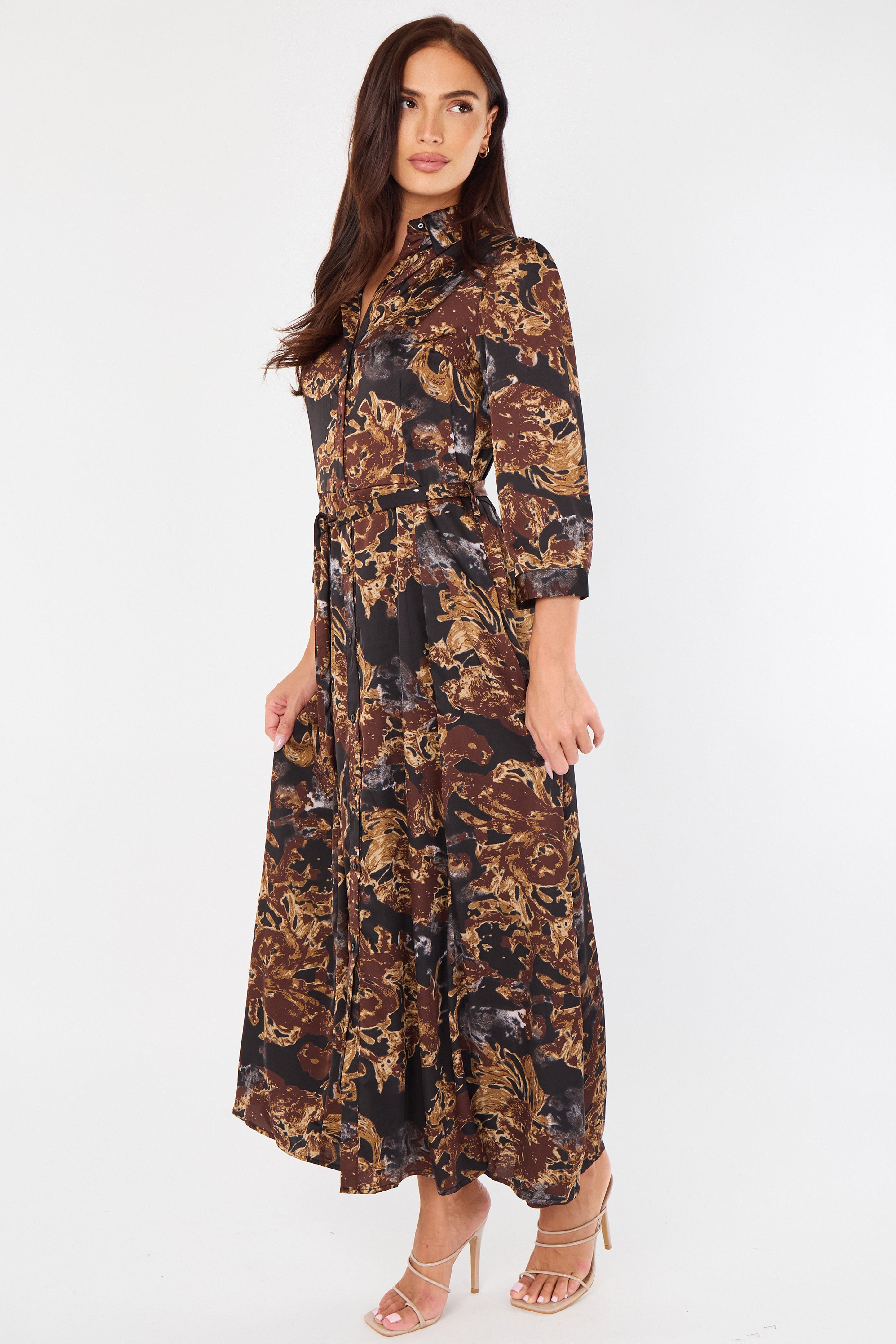 8Pcs Brown Abstract Floral Print Satin Maxi Shirt Dress