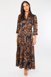 8Pcs Brown Abstract Floral Print Satin Maxi Shirt Dress