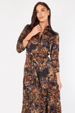 8Pcs Brown Abstract Floral Print Satin Maxi Shirt Dress