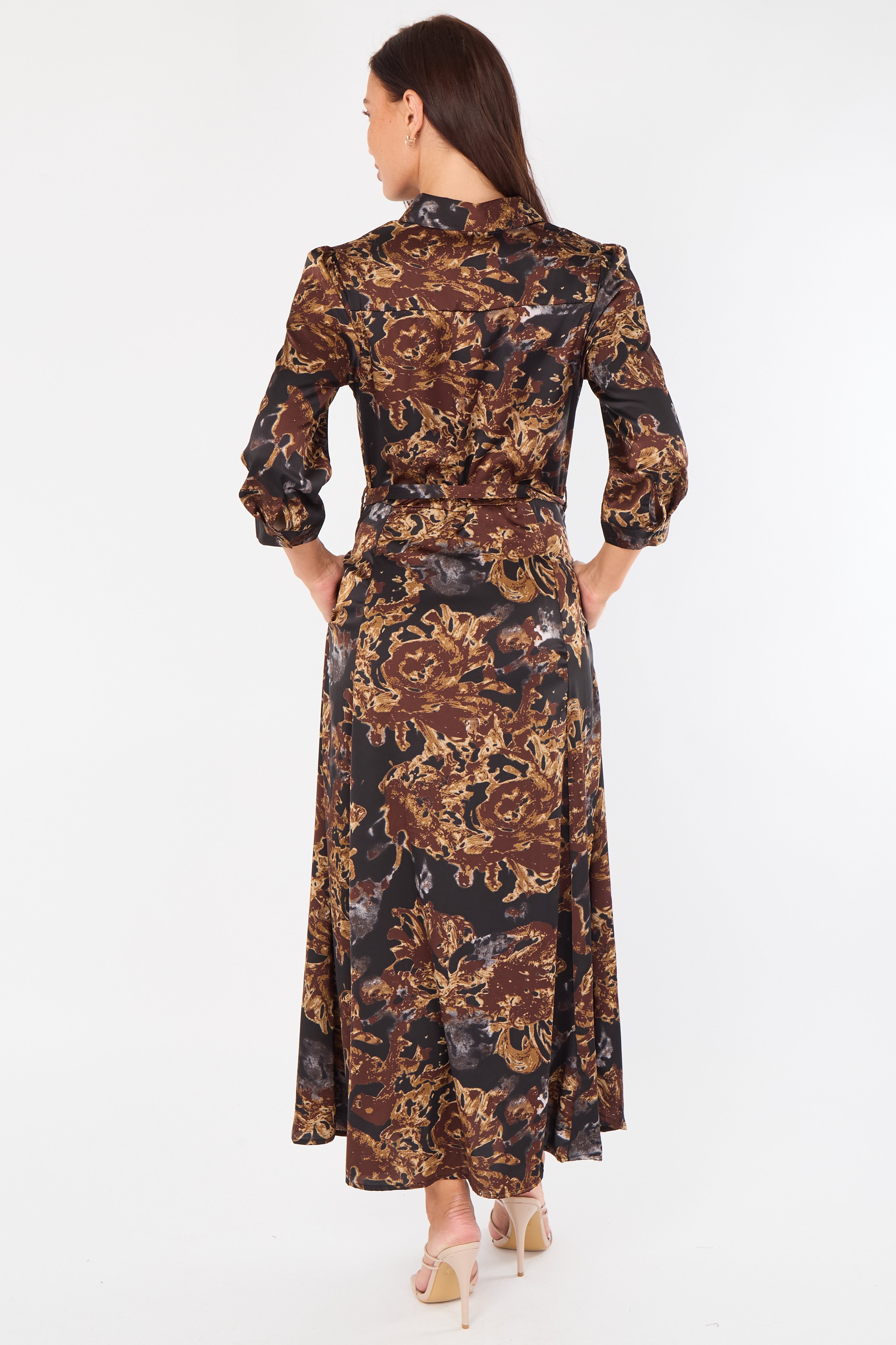 8Pcs Brown Abstract Floral Print Satin Maxi Shirt Dress