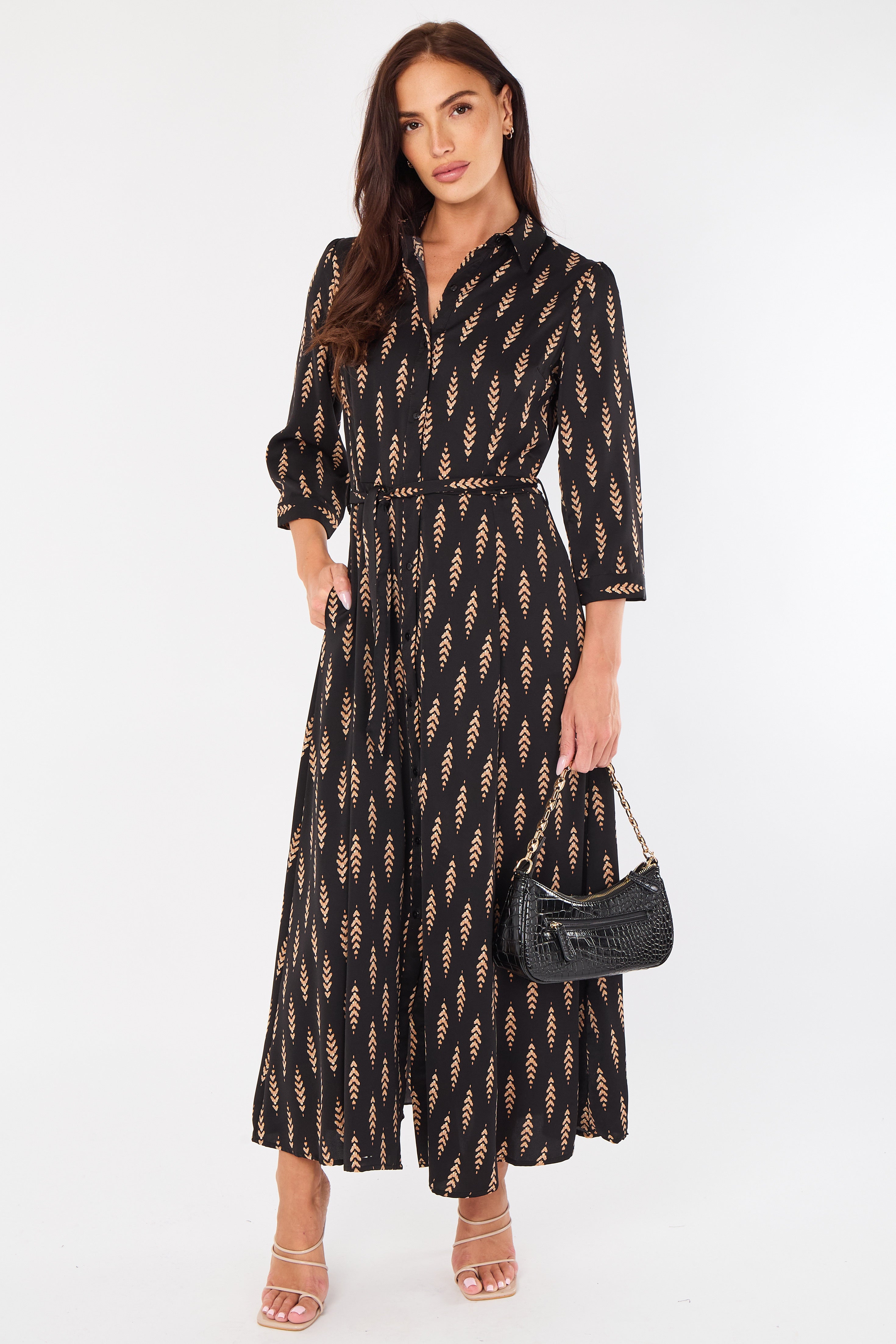 8Pcs Tan Chevron Print Maxi Shirt Dress