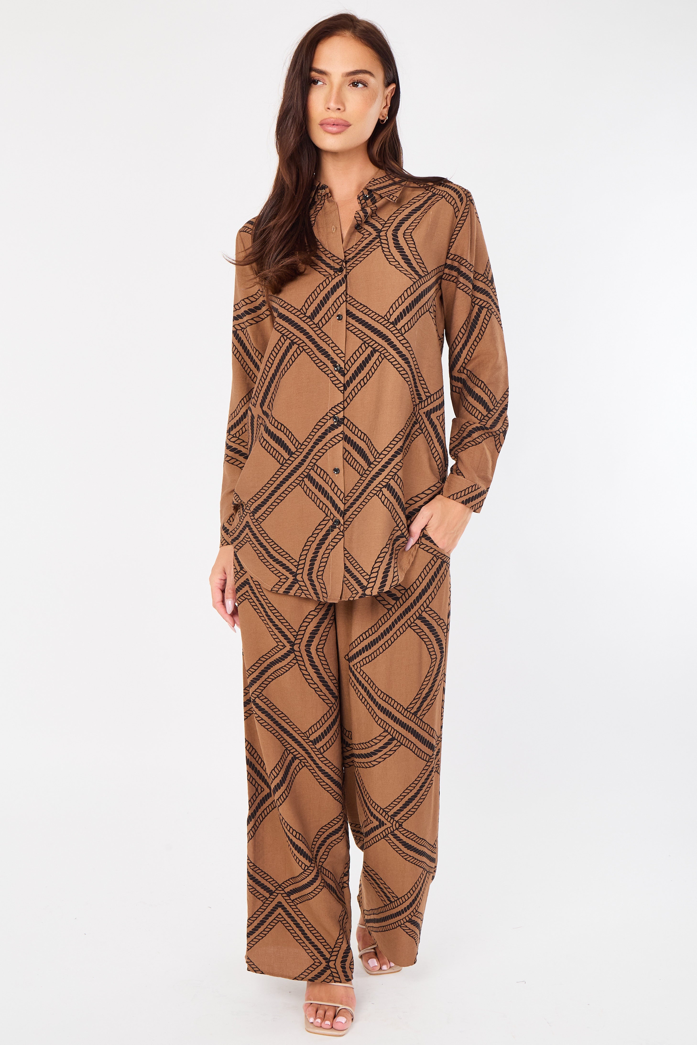 8Pcs Brown Rope Lattice Print Wide-Leg Co-ord