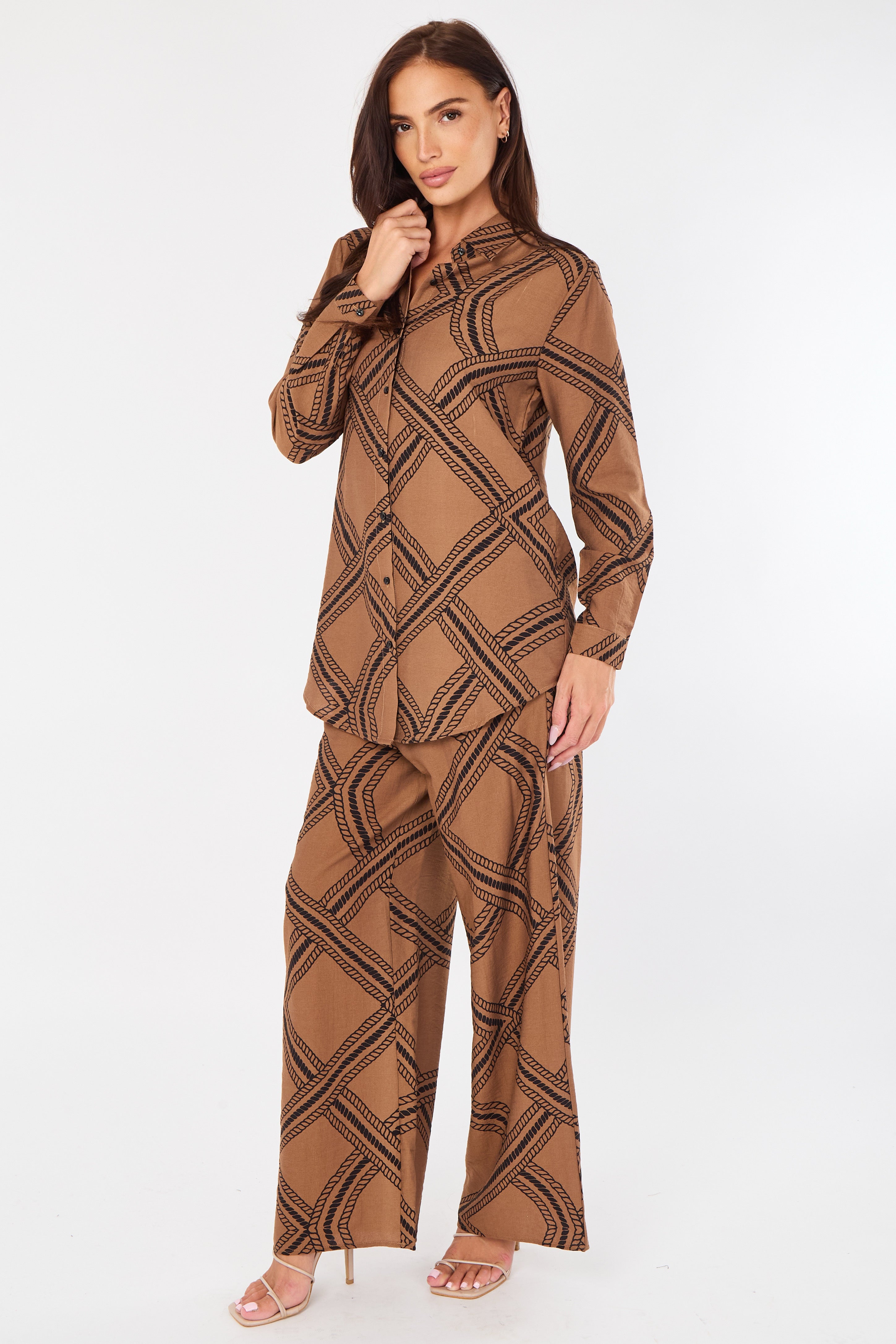 8Pcs Brown Rope Lattice Print Wide-Leg Co-ord