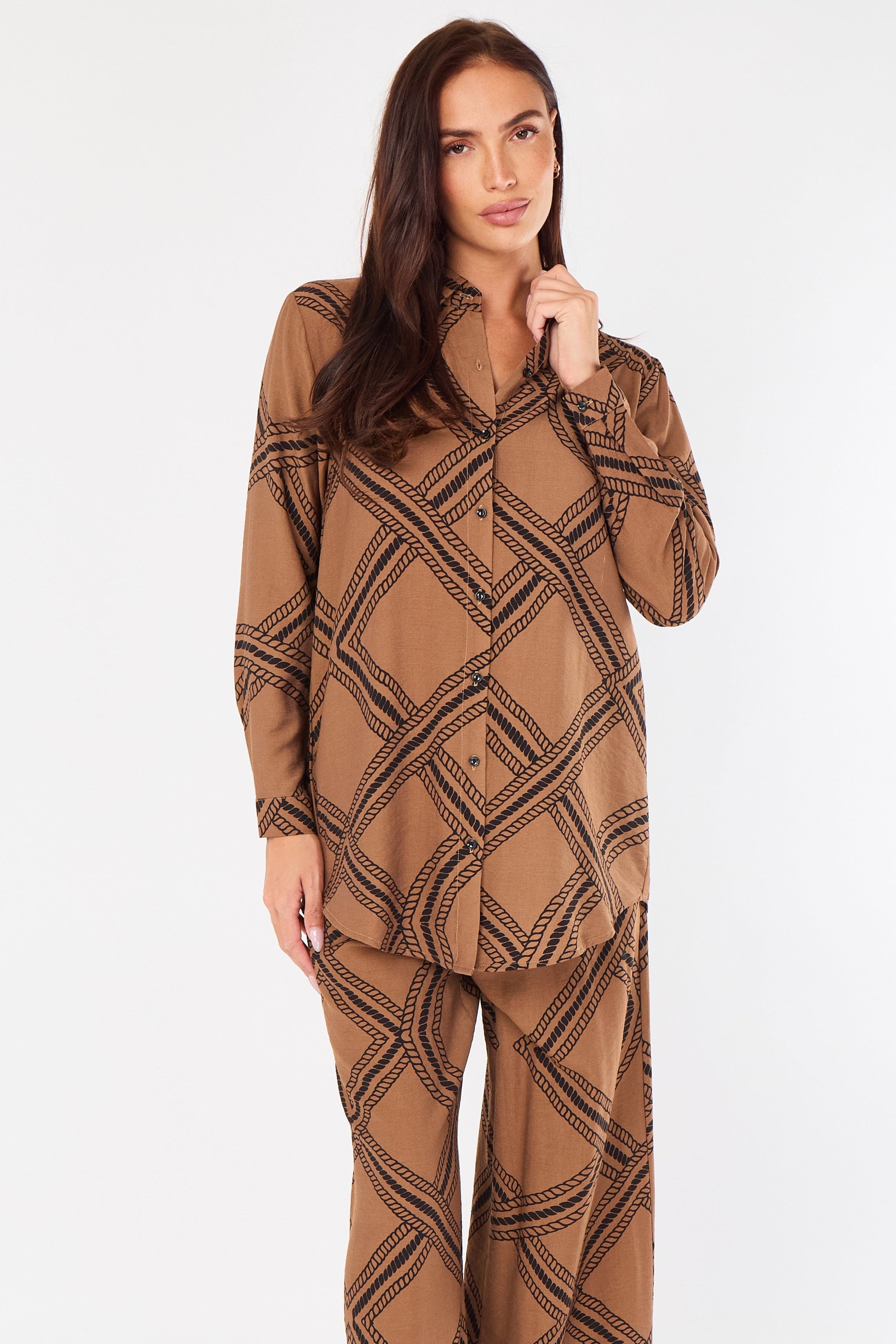 8Pcs Brown Rope Lattice Print Wide-Leg Co-ord