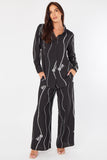 8Pcs Black Rope Stripe Print Wide-Leg Co-ord