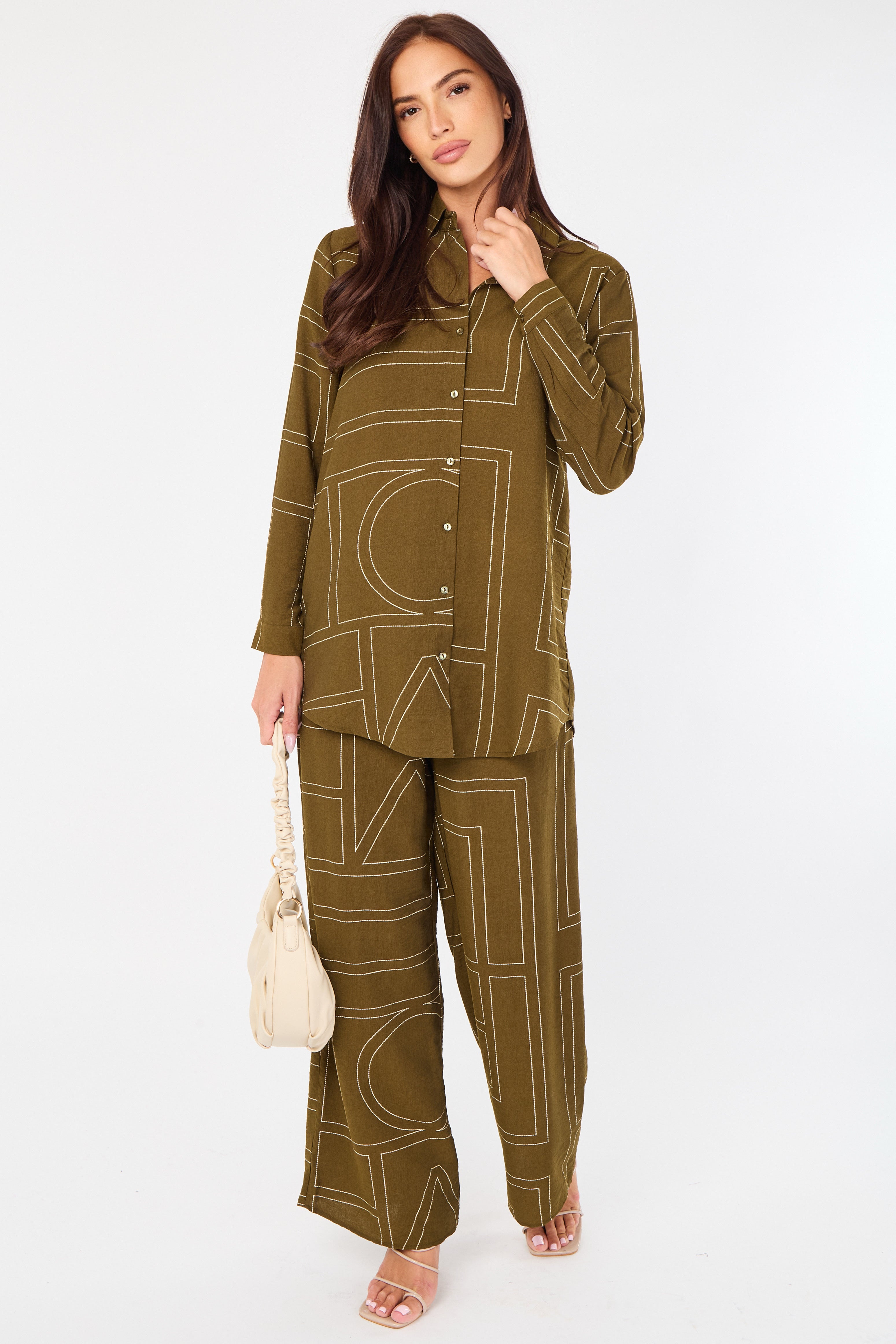 8Pcs Khaki Geometric Line Print Wide-Leg Co-ord