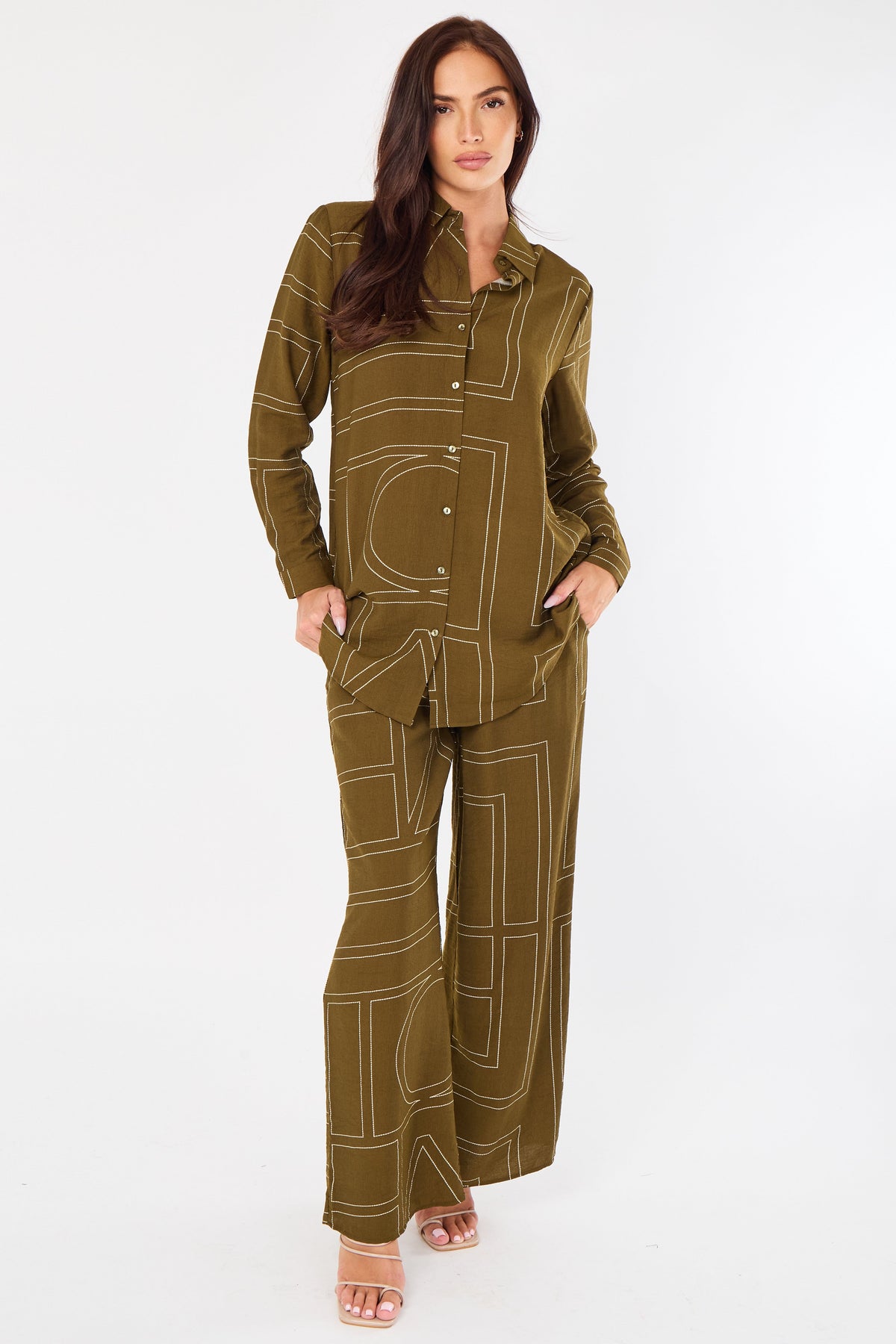 8Pcs Khaki Geometric Line Print Wide-Leg Co-ord