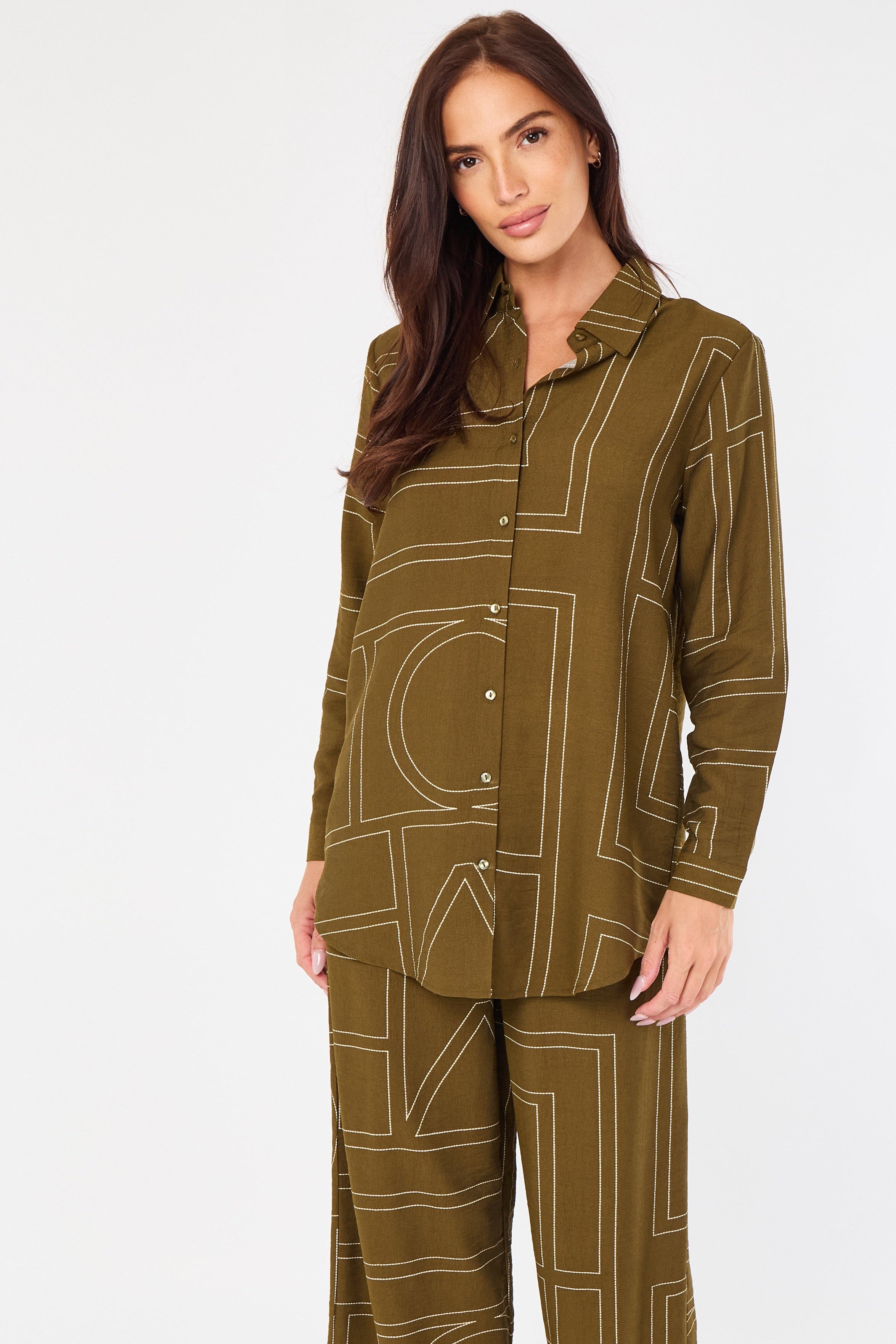 8Pcs Khaki Geometric Line Print Wide-Leg Co-ord