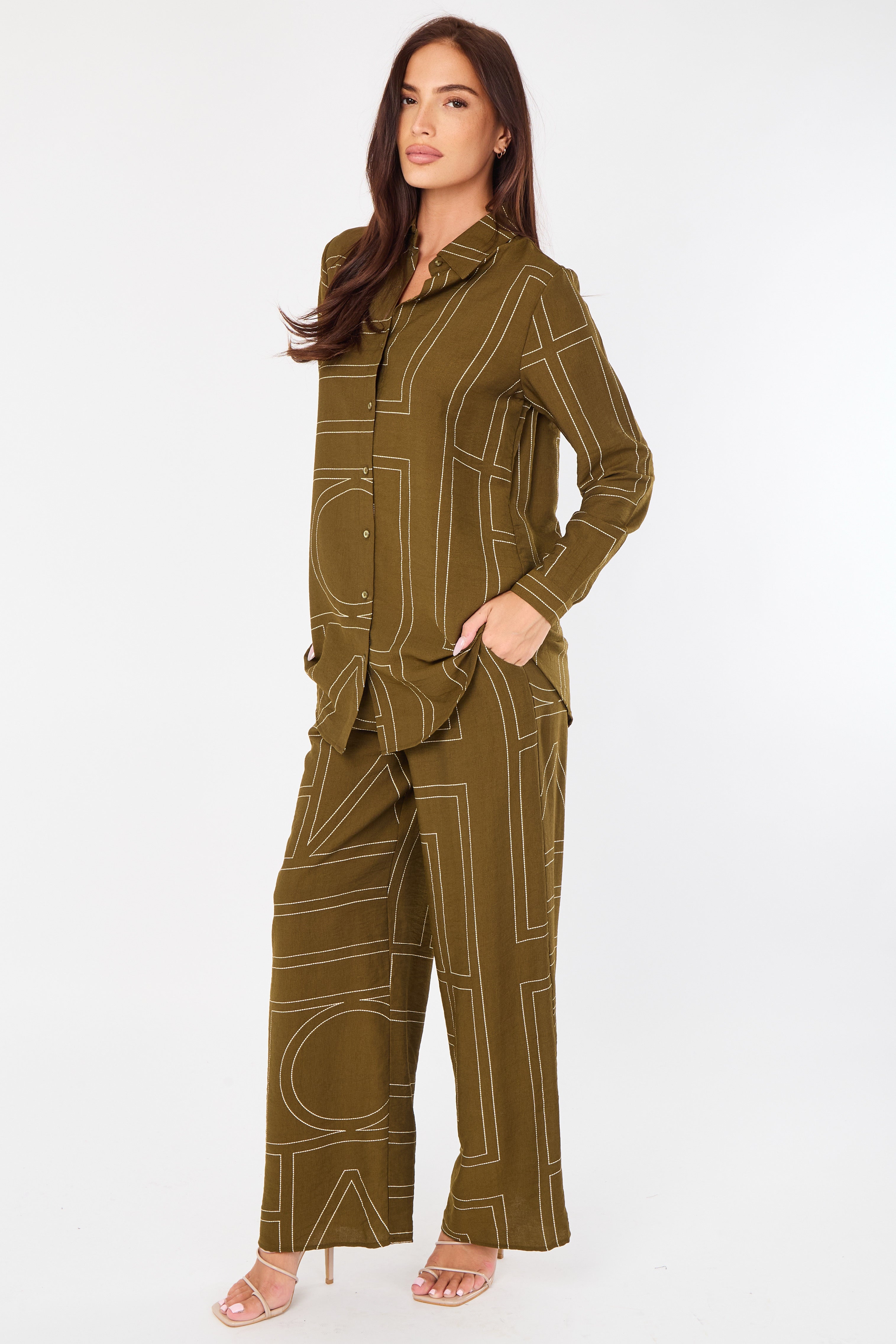 8Pcs Khaki Geometric Line Print Wide-Leg Co-ord