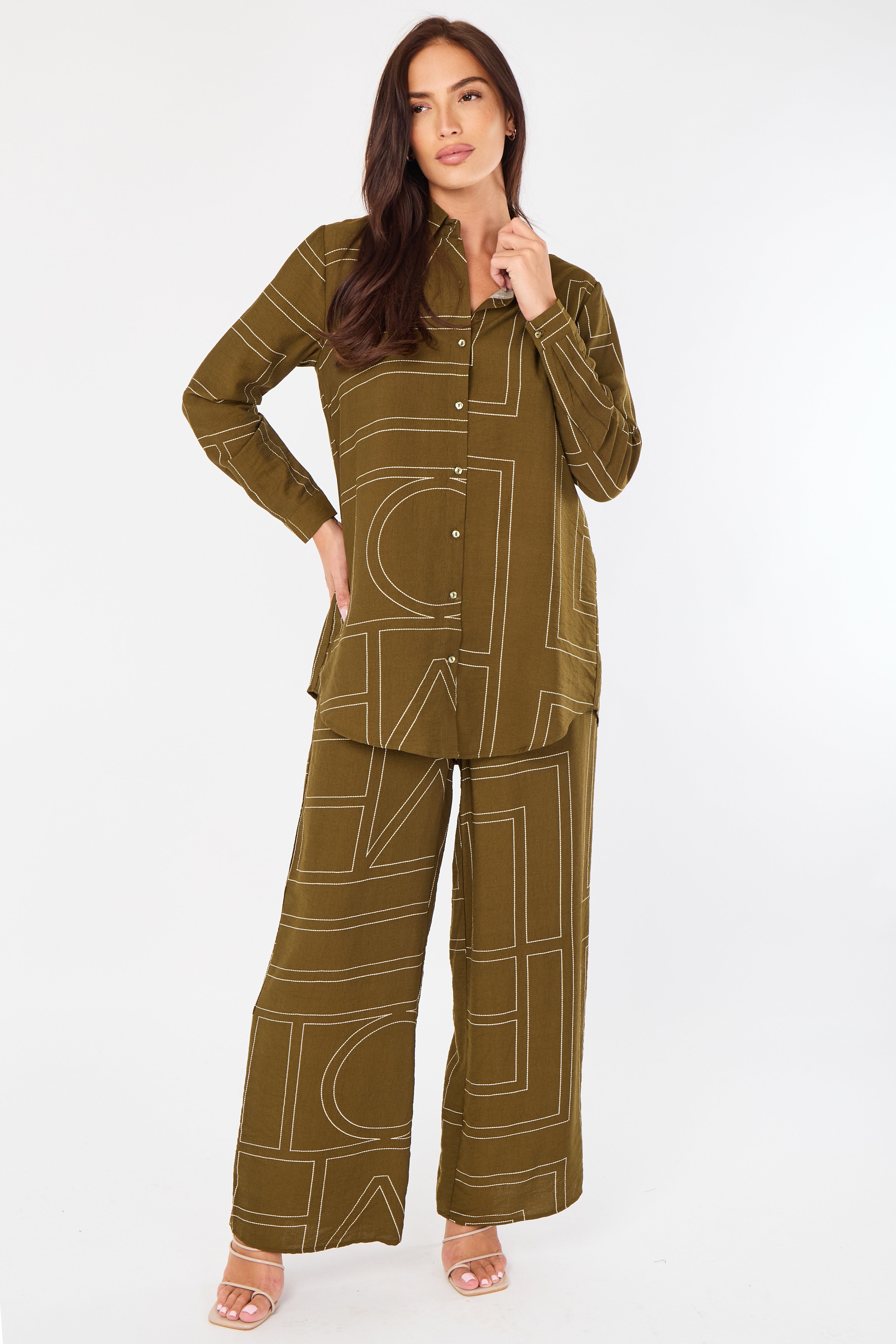 8Pcs Khaki Geometric Line Print Wide-Leg Co-ord