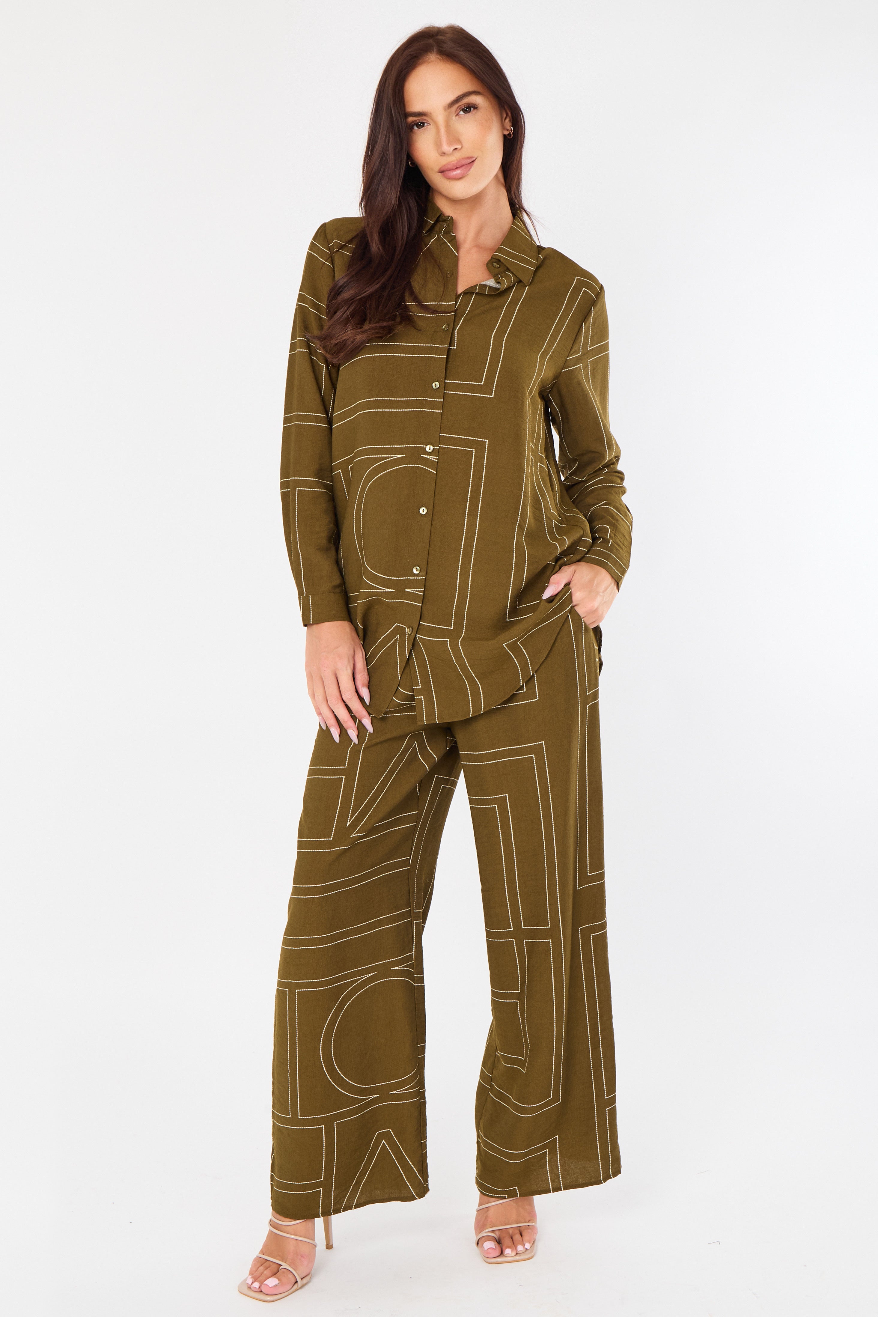 8Pcs Khaki Geometric Line Print Wide-Leg Co-ord