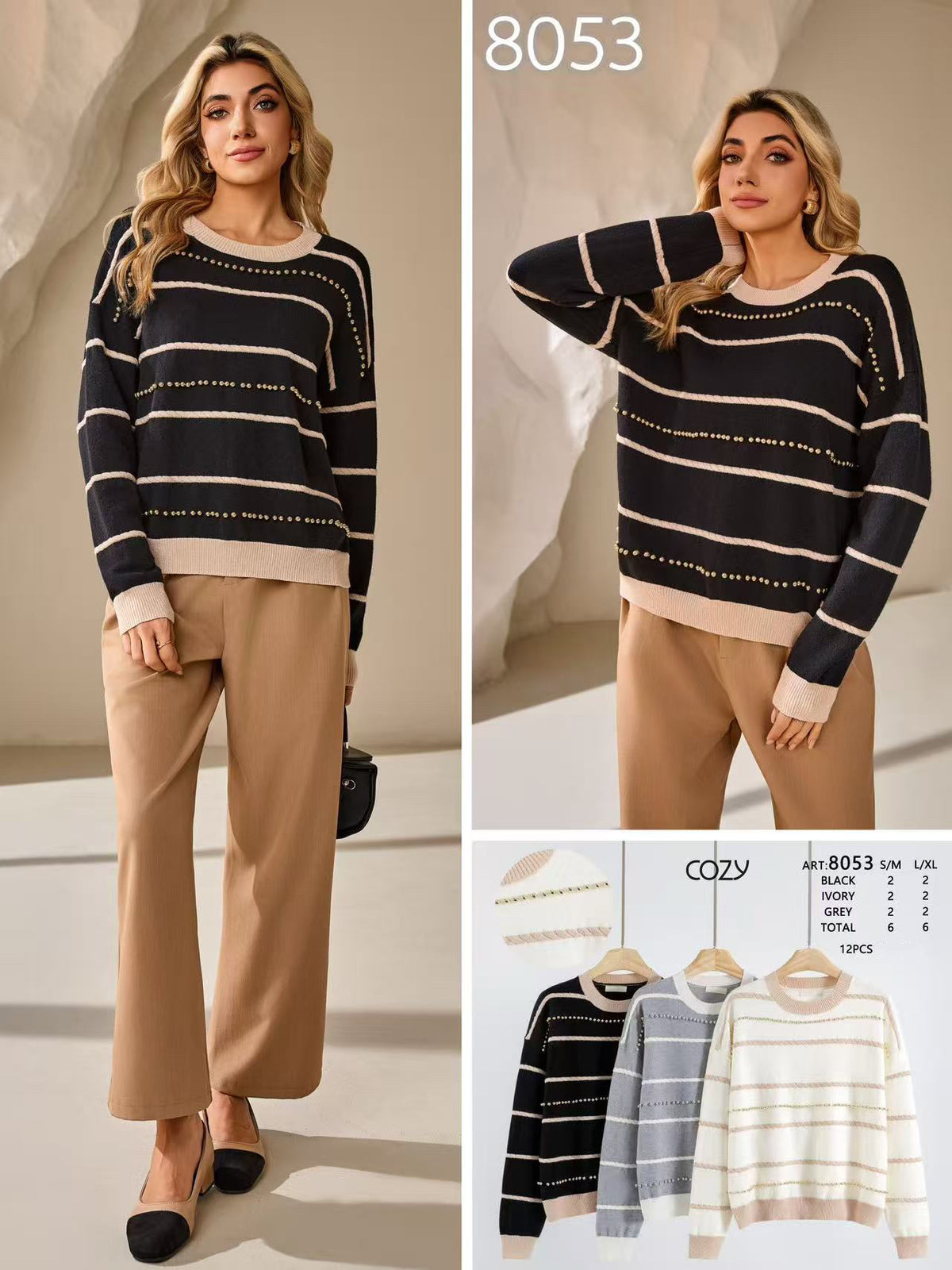 12Pcs Stripe Detail Studded Womens Knit Sweater-8053