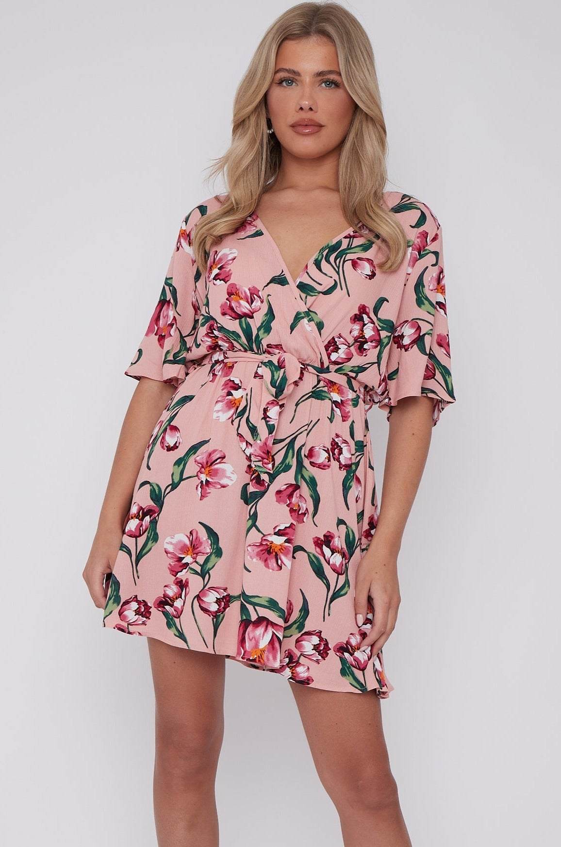 8Pcs Pink Floral Print Cheese Cloth Wrapped Mini Dress