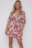 8Pcs Pink Floral Print Cheese Cloth Wrapped Mini Dress
