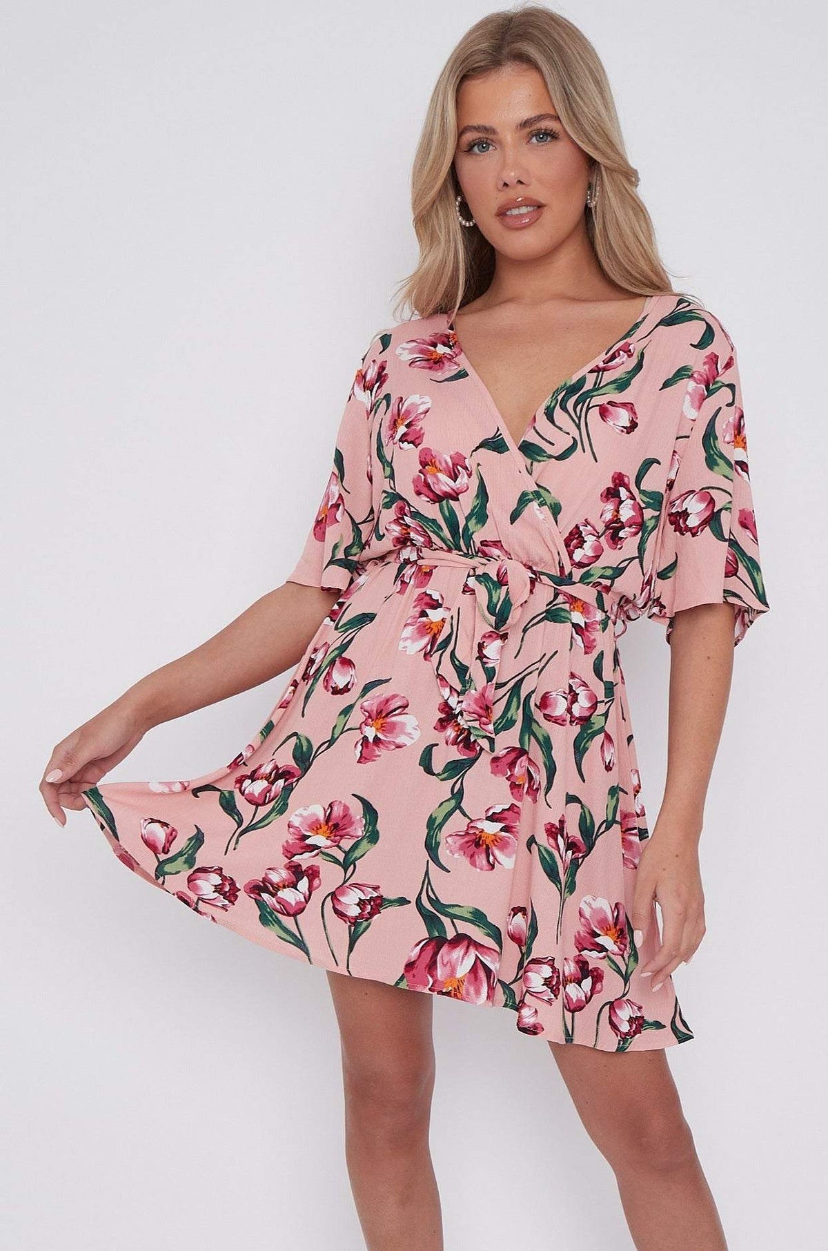 8Pcs Pink Floral Print Cheese Cloth Wrapped Mini Dress
