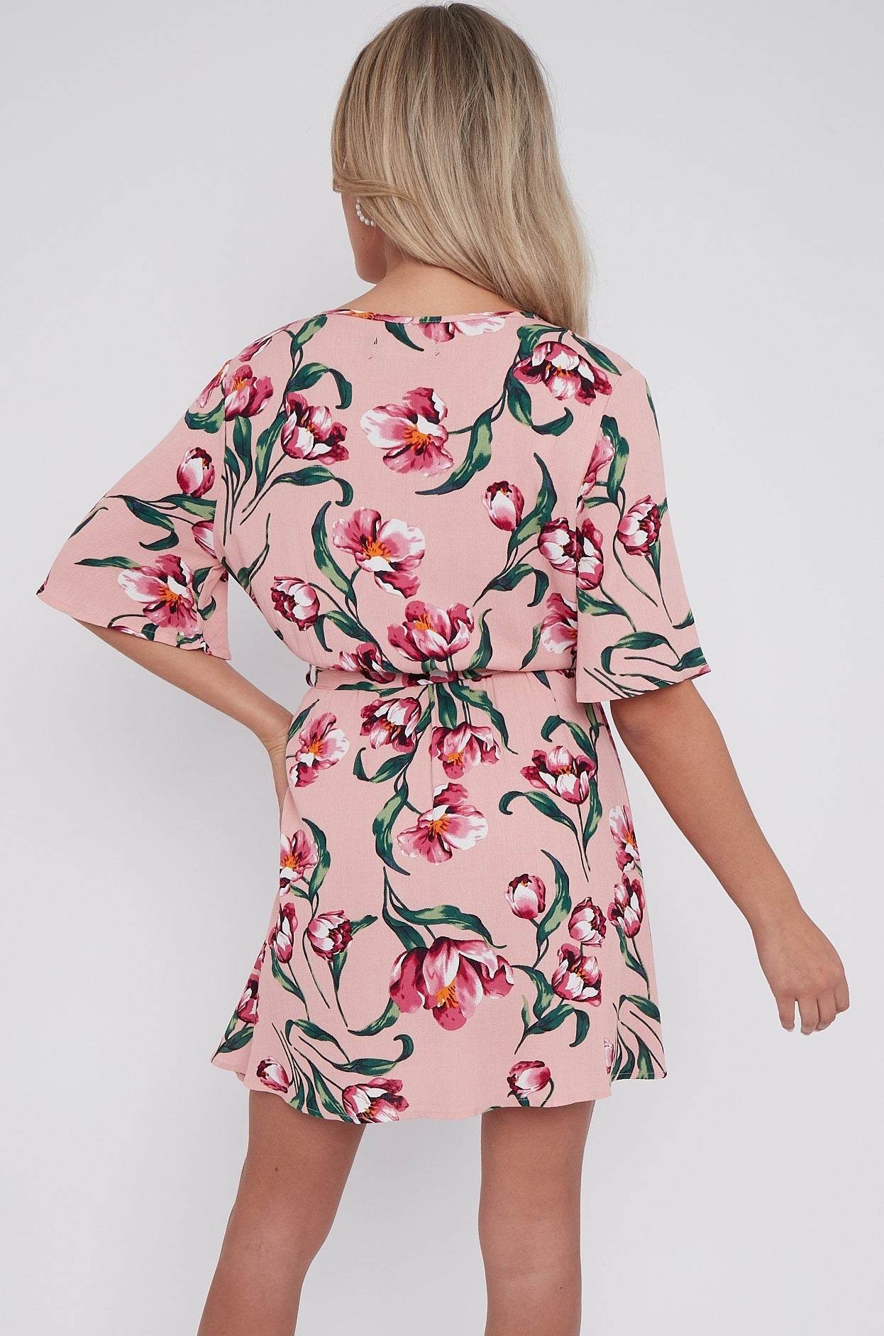 8Pcs Pink Floral Print Cheese Cloth Wrapped Mini Dress