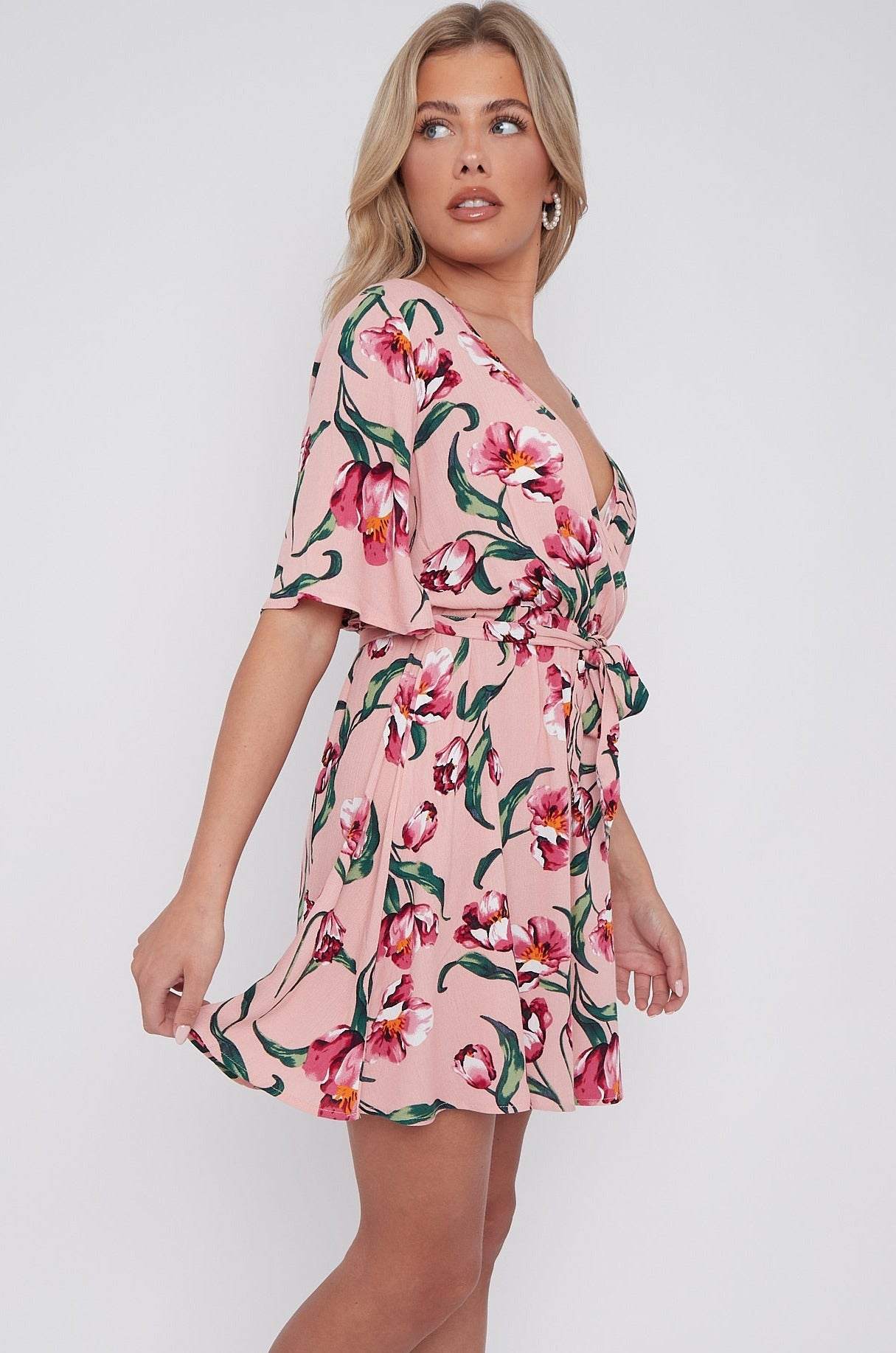 8Pcs Pink Floral Print Cheese Cloth Wrapped Mini Dress