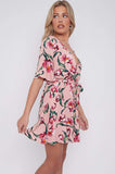 8Pcs Pink Floral Print Cheese Cloth Wrapped Mini Dress