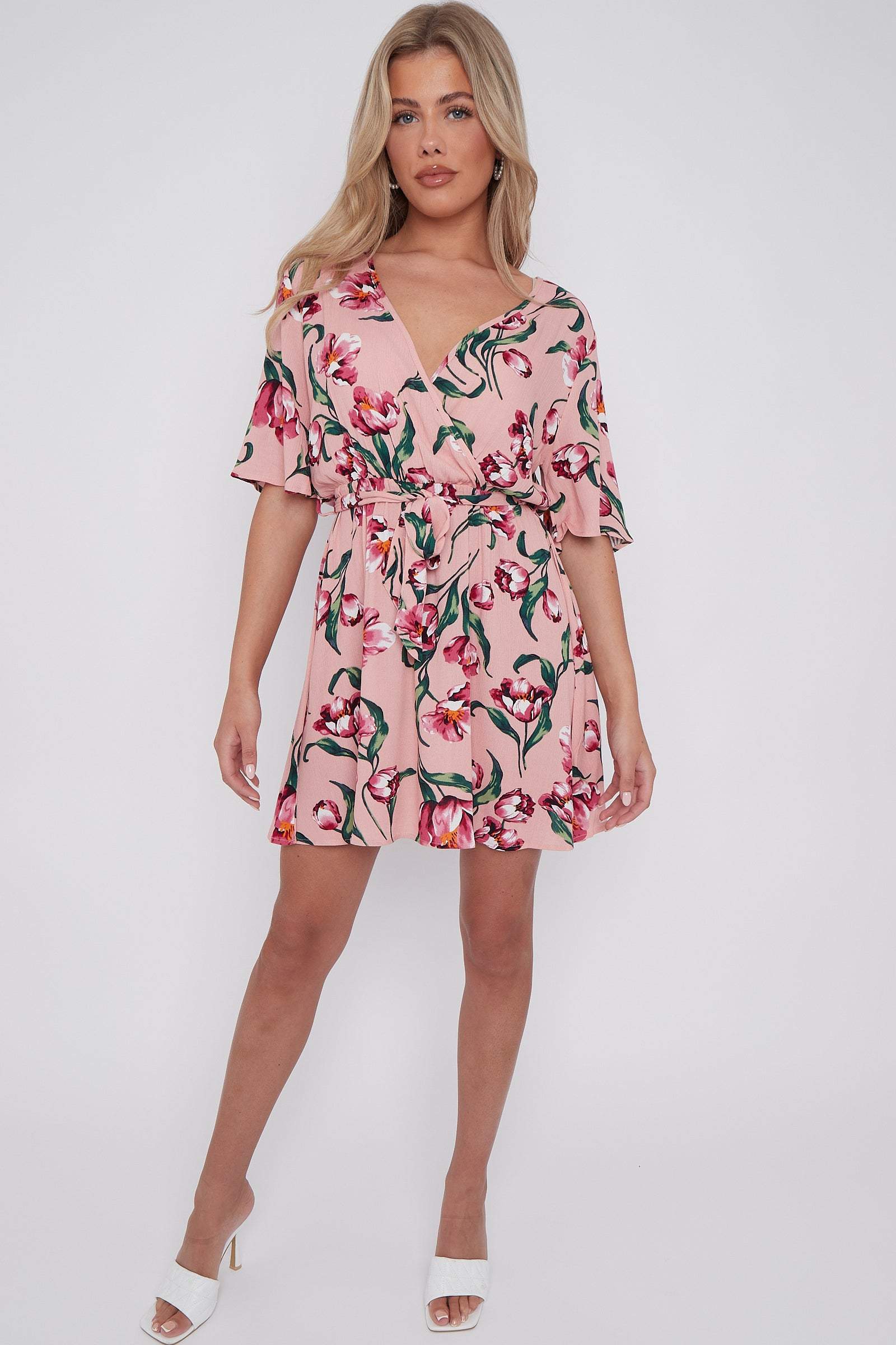 8Pcs Pink Floral Print Cheese Cloth Wrapped Mini Dress