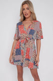 8Pcs Multi Floral Patch Print Wrapped Mini Dress