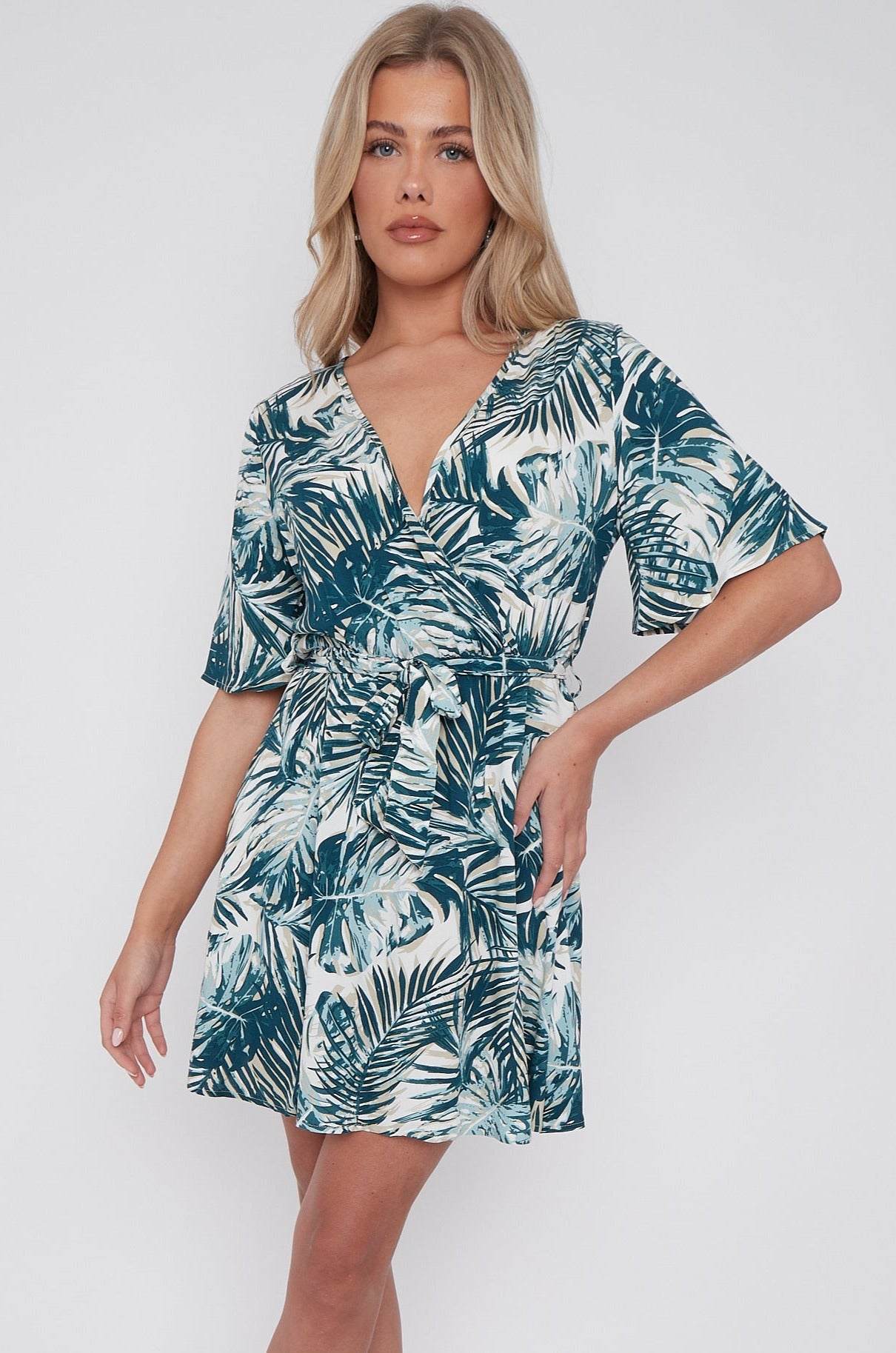8Pcs Palm Leaf Print Wrapped Mini Dress