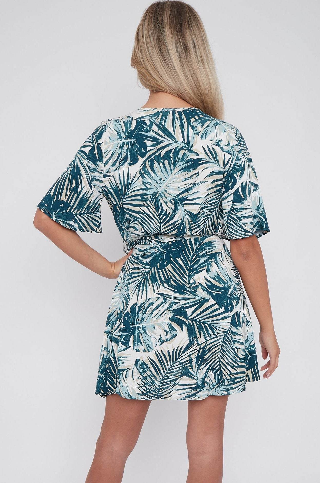 8Pcs Palm Leaf Print Wrapped Mini Dress