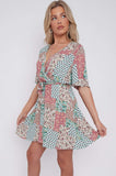 8Pcs Multi Floral Patch Print Wrapped Mini Dress