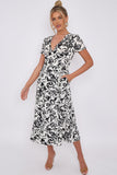 Love Sunshine White Floral Print Wrapped Midi Dress Brunch Dress Dress with Pockets Everyday Dress Garden Party Dress Holiday Dress LS-2118 Short Sleeve Dress Summer Dress Tea Dress Wedding Guest Dress