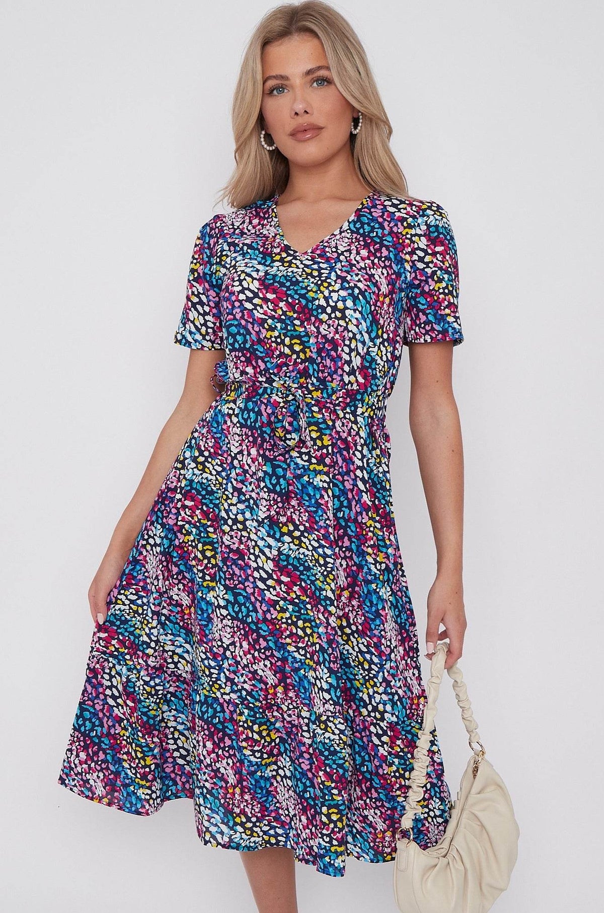 8Pcs Navy Rainbow Leopard Print V Neck Frilled Hem Midi Dress